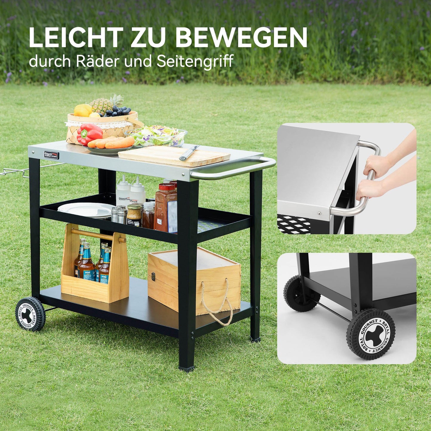 Royal Gourmet Servierwagen 3-Etagen mit Müllsackhalter Küchenwagen Edelstahl Beistelltisch Outdoor Plancha Grilltisch Rollwagen Trolley Silber Arbeitsplatte 85 x 50cm