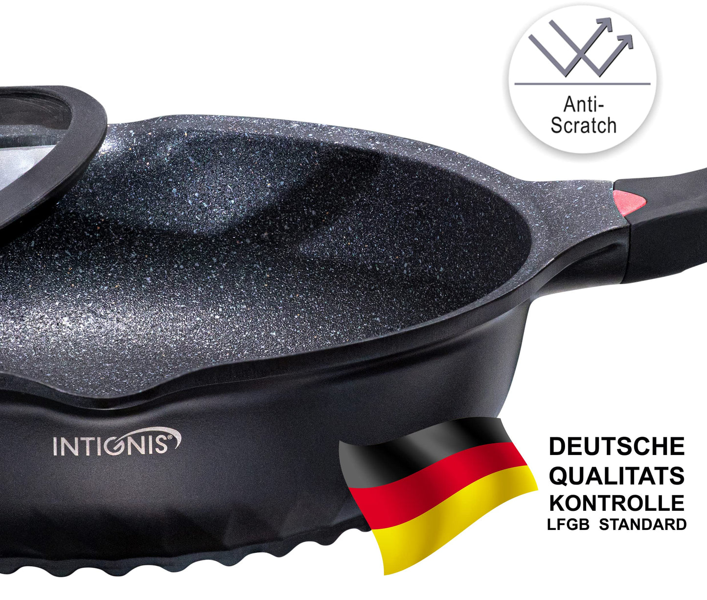 INTIGNIS® Premium-Bratpfanne mit Deckel, Kratzfest, 28 cm, Extra Tief, Kompatibel mit allen Herdarten, Einschließlich Induktion, Frei von Chemikalien, Super Antihaftbeschichtet