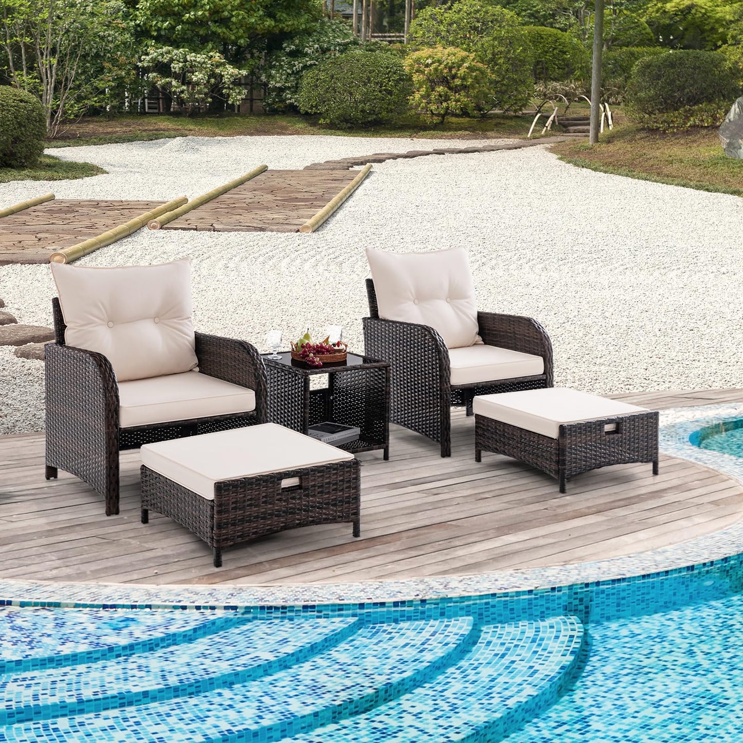 GIANTEX 5er Rattan Gartenmöbel Set, Balkonmöbel Kleiner Balkon, Balkonset 2 Rattansessel mit Hocker, Gartenlounge Set Terrassenmöbel mit Tisch, Gartengarnitur Möbelsets Outdoor Sitzgruppe 5 teilig