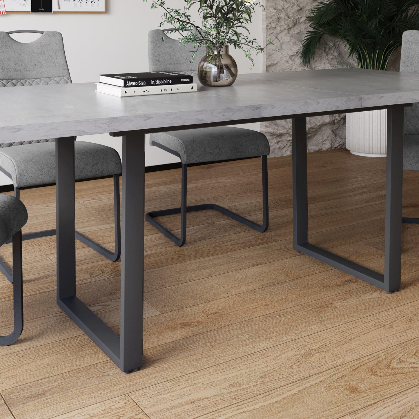 jiexi Esstisch-Set mit 4-8 Stühlen, Ausziehbarer Esszimmertisch 130-170 cm, MDF-Holztisch mit Grauen Stühlen für Küche und Wohnzimmer