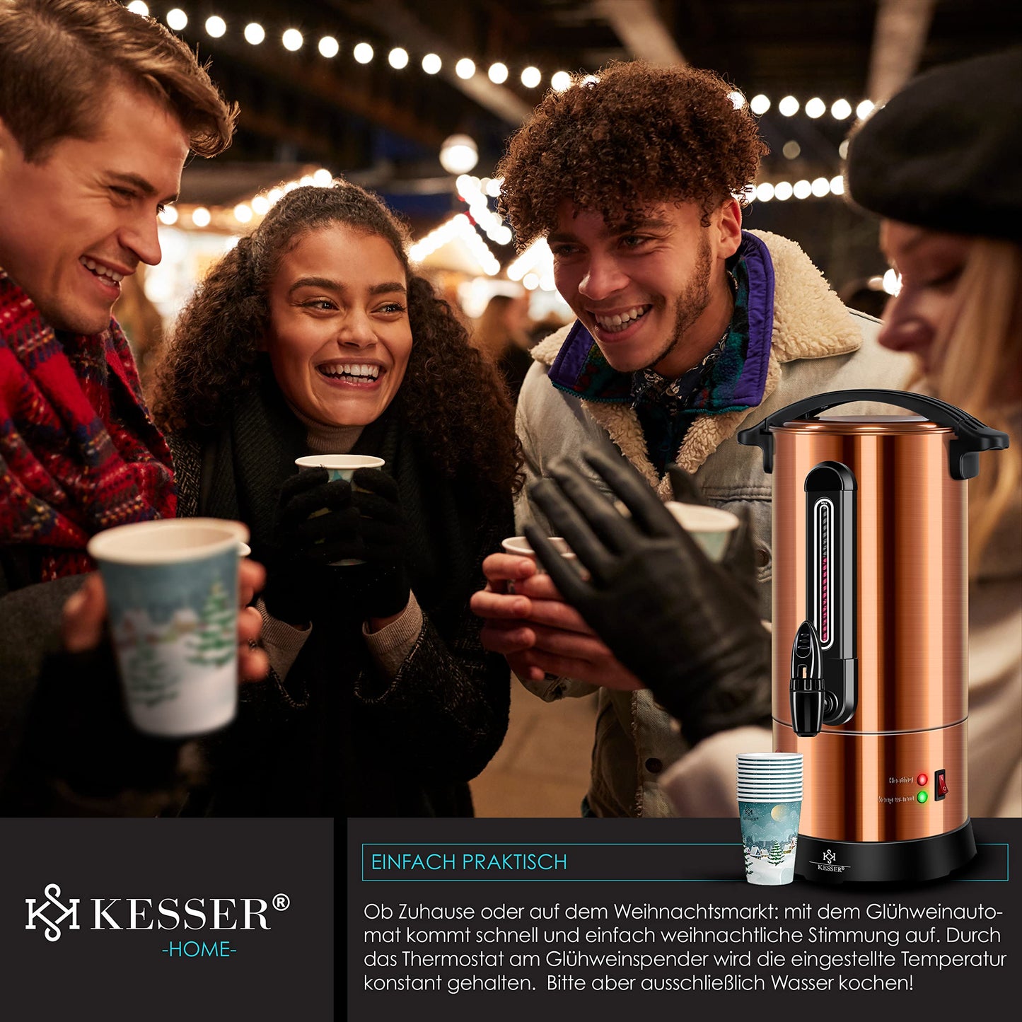 KESSER® Glühweinkessel 10L Edelstahl Inkl. 10x Becher Glühweinkocher mit Thermostat Glühweinautomat Heißgetränkeautomat Wasserkocher Heißwasserspender Einkochautomat Füllstandanzeige Zapfhahn
