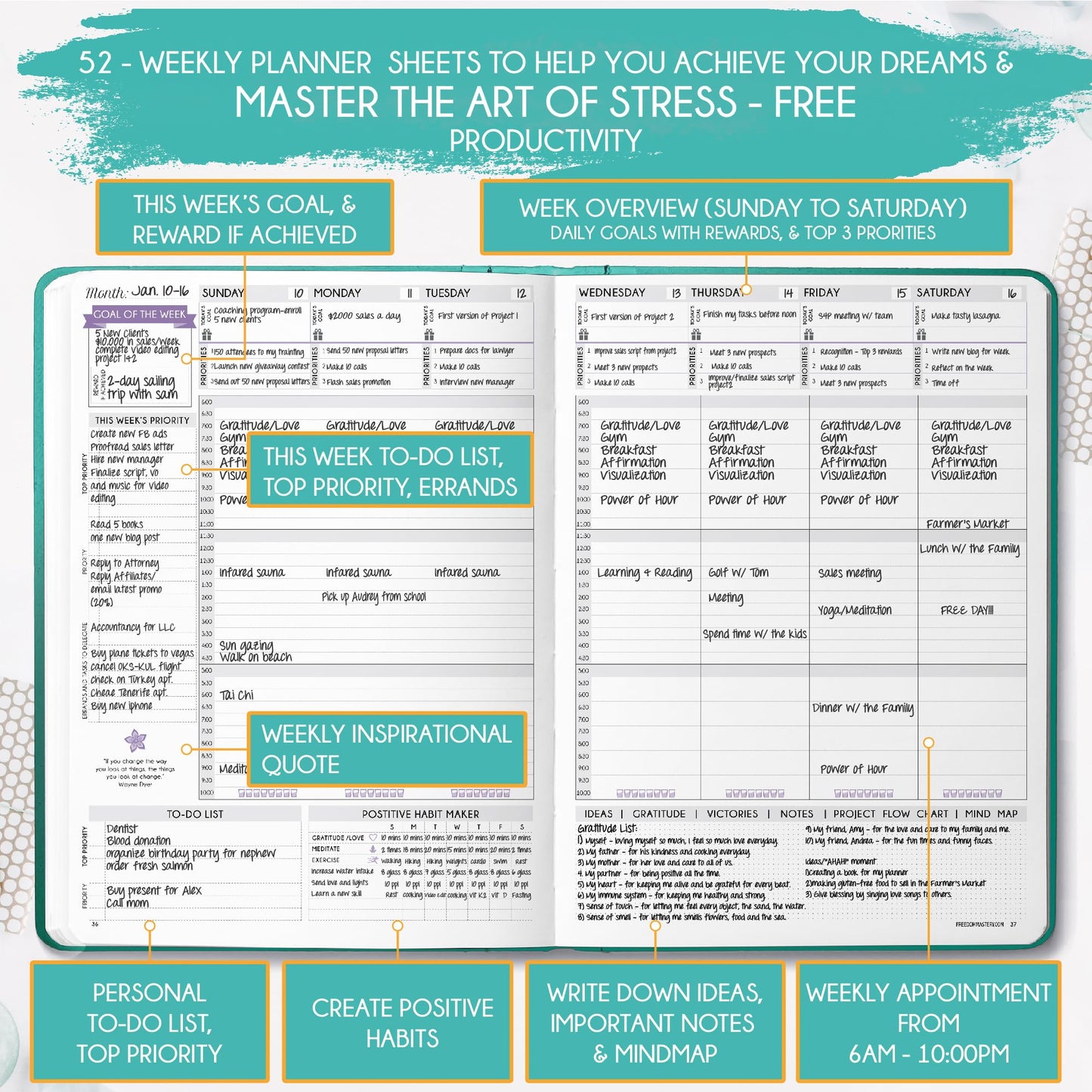 Law of Attraction Life & Goal Planner Lebensplaner - Undatierte Deluxe-Wochen- und Monatsplaner, eine 12-monatige Reise zur Steigerung von Produktivität und Glück