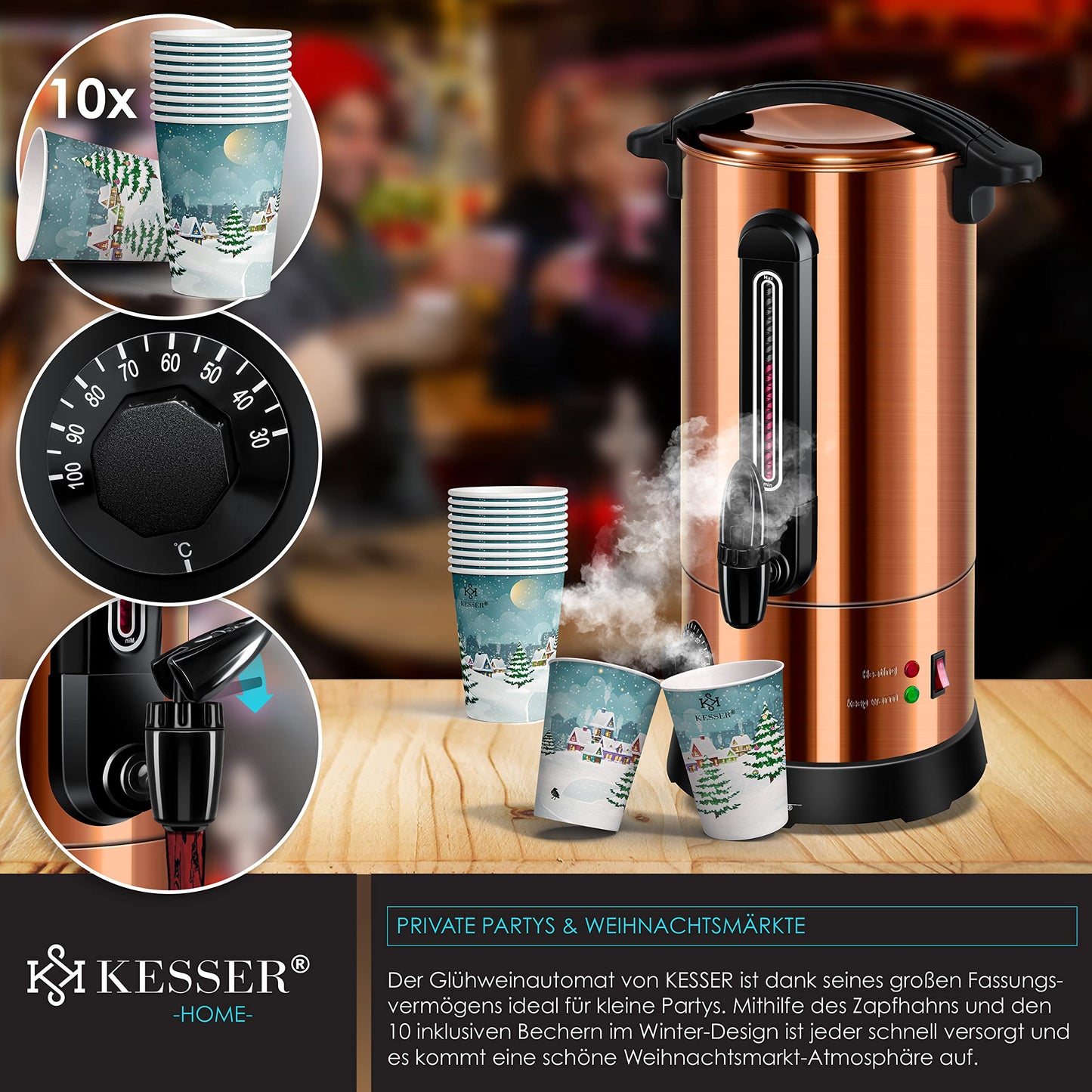 KESSER® Glühweinkessel 10L Edelstahl Inkl. 10x Becher Glühweinkocher mit Thermostat Glühweinautomat Heißgetränkeautomat Wasserkocher Heißwasserspender Einkochautomat Füllstandanzeige Zapfhahn