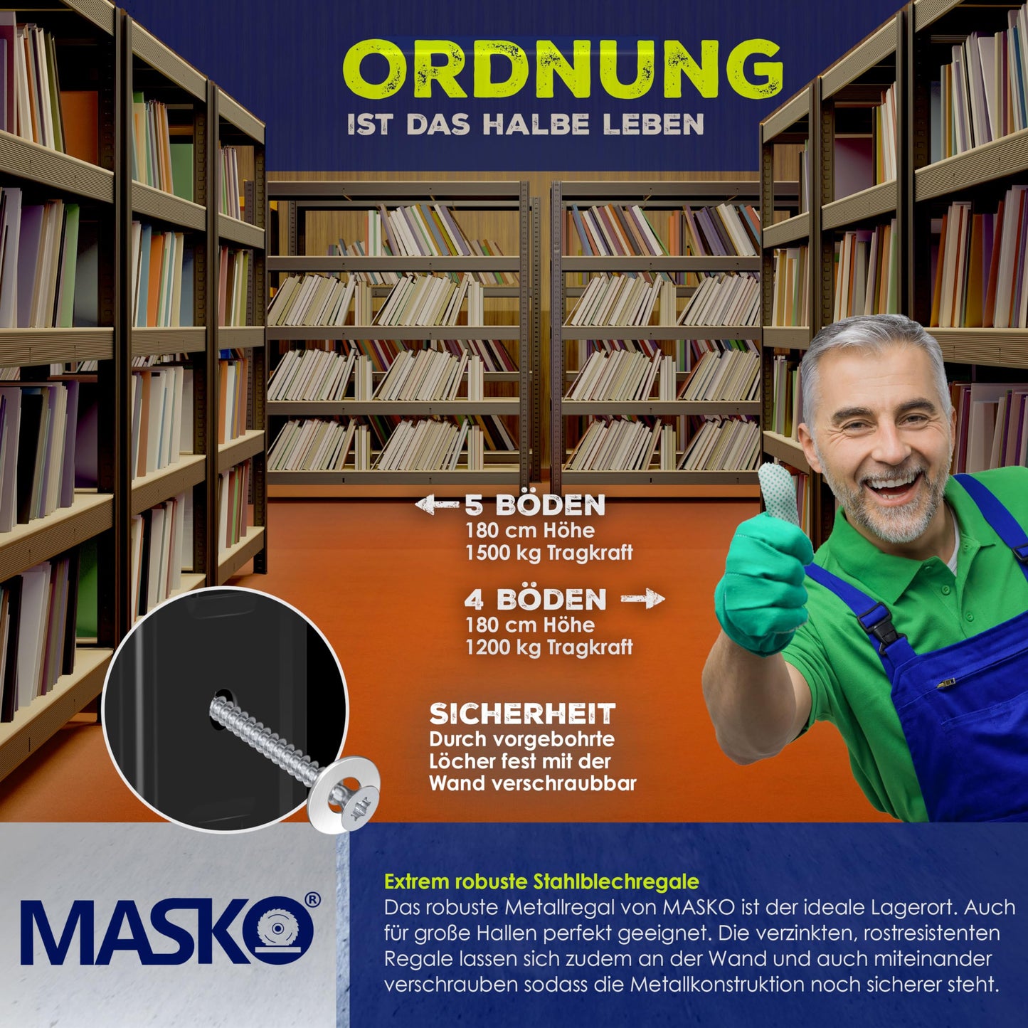 MASKO® Schwerlastregal Lagerregal Kellerregal 180x160x60cm, 1500kg belastbar, 5 verstellbare Ablagen, MDF-Platten Regal aus Metall, Steckregal, Werkstattregal Stahlgestell Garage Werkbank Schwarz
