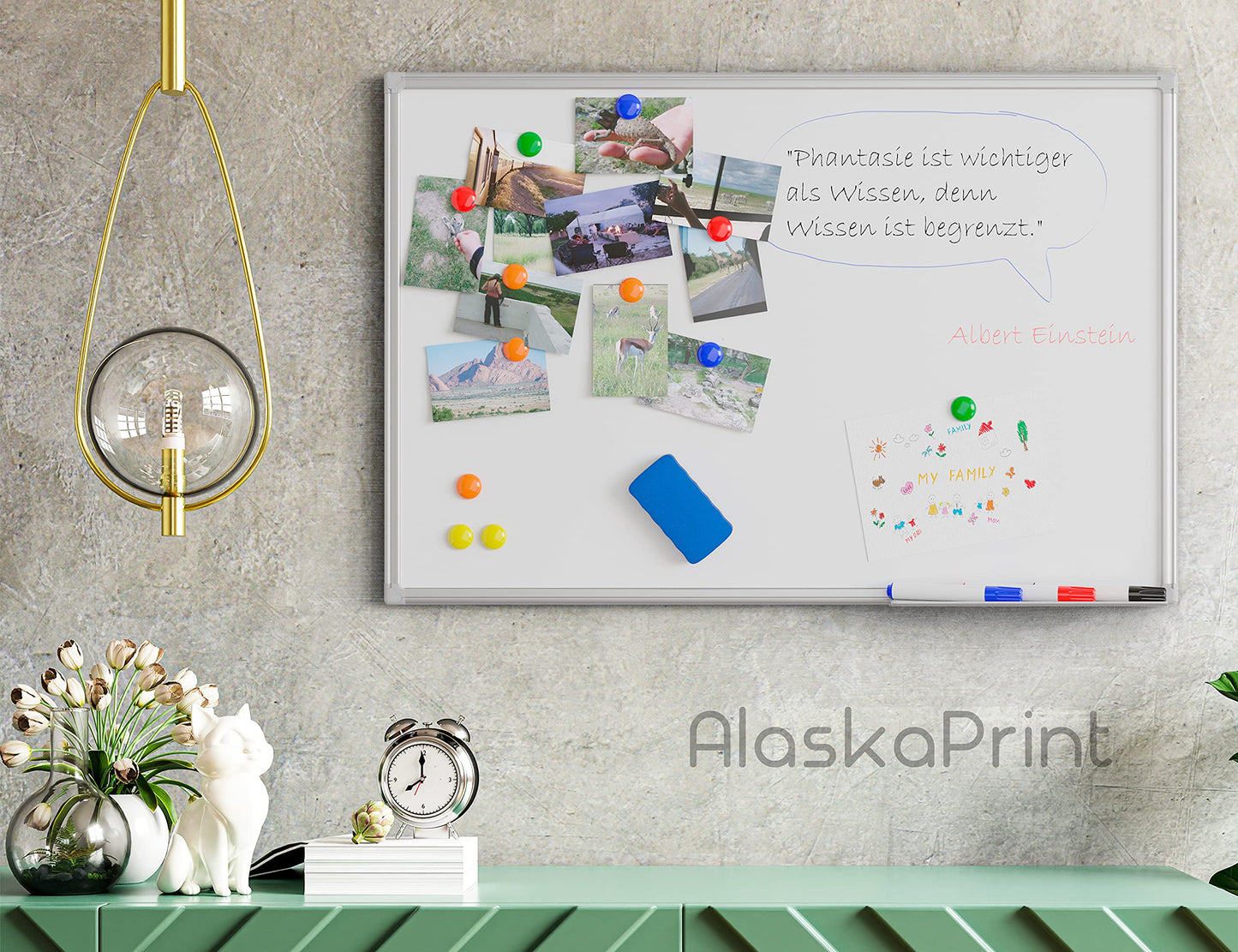 Alaskaprint Whiteboard magnetisch Magnettafel Magnetwand beschreibbar Pinnwand Tafel mit Alurahmen inklusive 3 Stifte, 12 Magnete und Schwamm 60 cm x 45 cm (B x H)