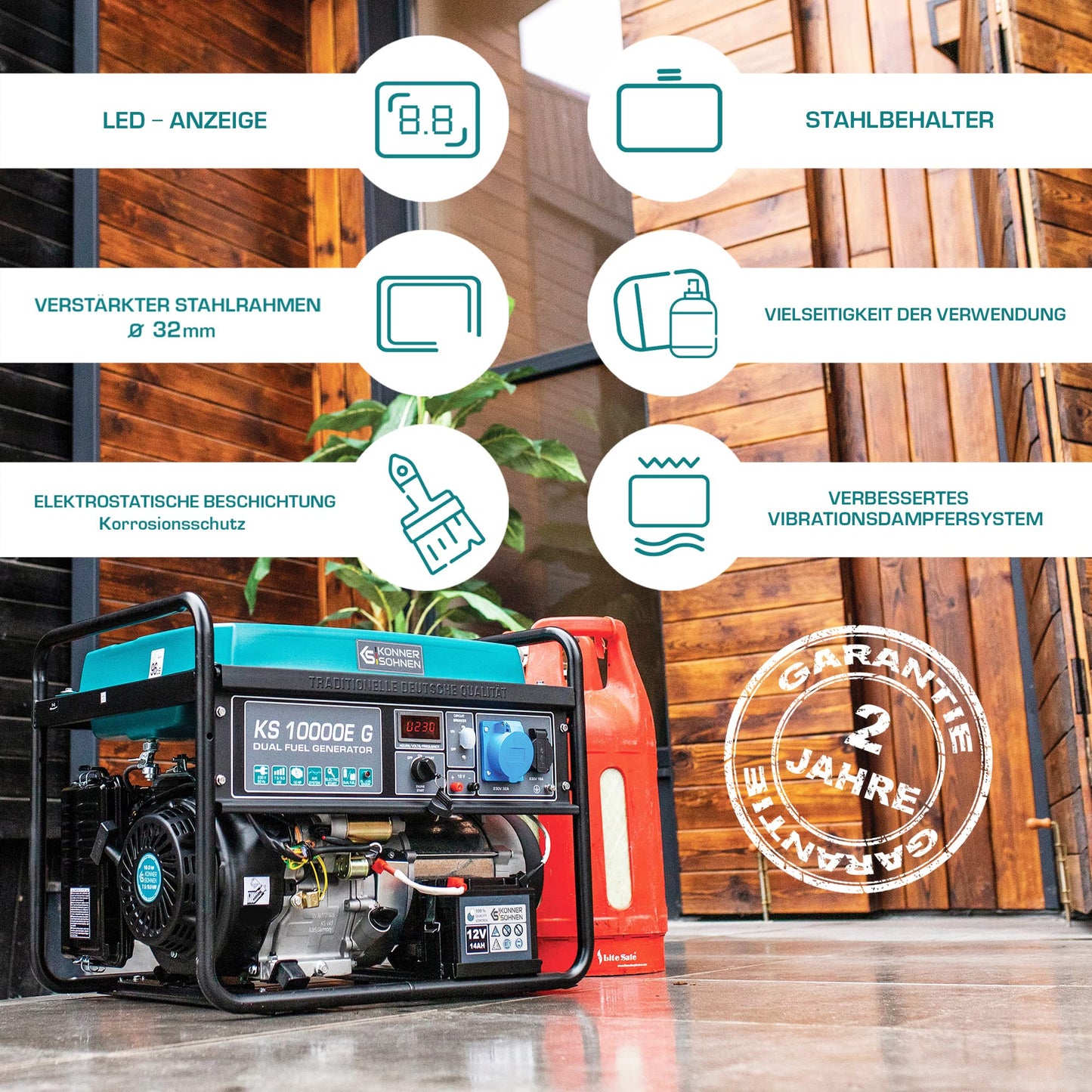 Könner & Söhnen KS 10000E G - Hybrid Benzin-LPG 4-Takt Stromerzeuger, Notstromaggregat 7500 Watt, 1x16A 1x32A Generator mit automatischem Spannungsregler 230V, E-Start, Digitale Anzeige Blau10-g