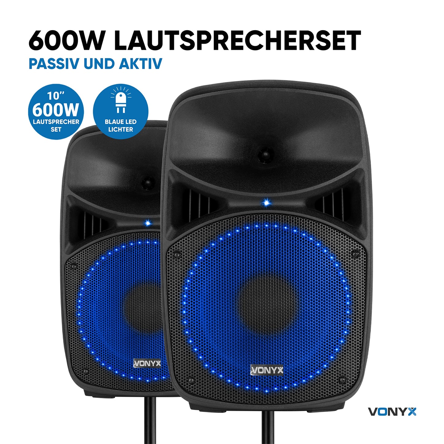 VONYX VPS102A, Partyboxen mit Stativen 600 Watt, Bluetooth, LED, Mikrofon, PA Lautsprecher Set mit Ständer, 10 Zoll Aktivboxen, USB, SD, MP3, PA Anlage Komplettset, DJ Boxen, Stativ Lautsprecherset