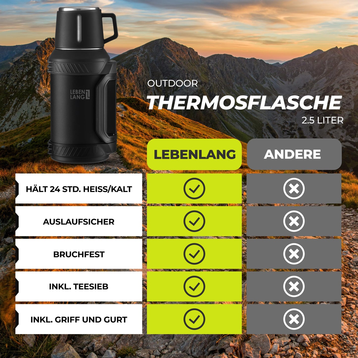 LEBENLANG Thermosflasche 2,5 Liter - 24h Heiß Inkl. Becher, Teesieb, Tragegurt I Trinkflasche Thermobecher 2 5 Liter Thermoskanne I Getränkeflasche Edelstahl Thermusteekanne Isolierflasche Thermo Cup