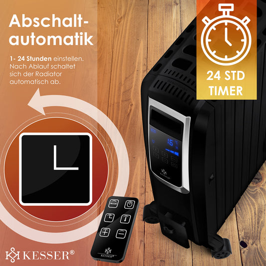 KESSER® 2000W Ölradiator mit WiFi App & Fernbedienung digitalem Display- elektrischer energiesparender Heizkörper mit 8 Rippen, Timer Zeitschaltuhr, 4 Heizstufen, Thermostat, Schwarz