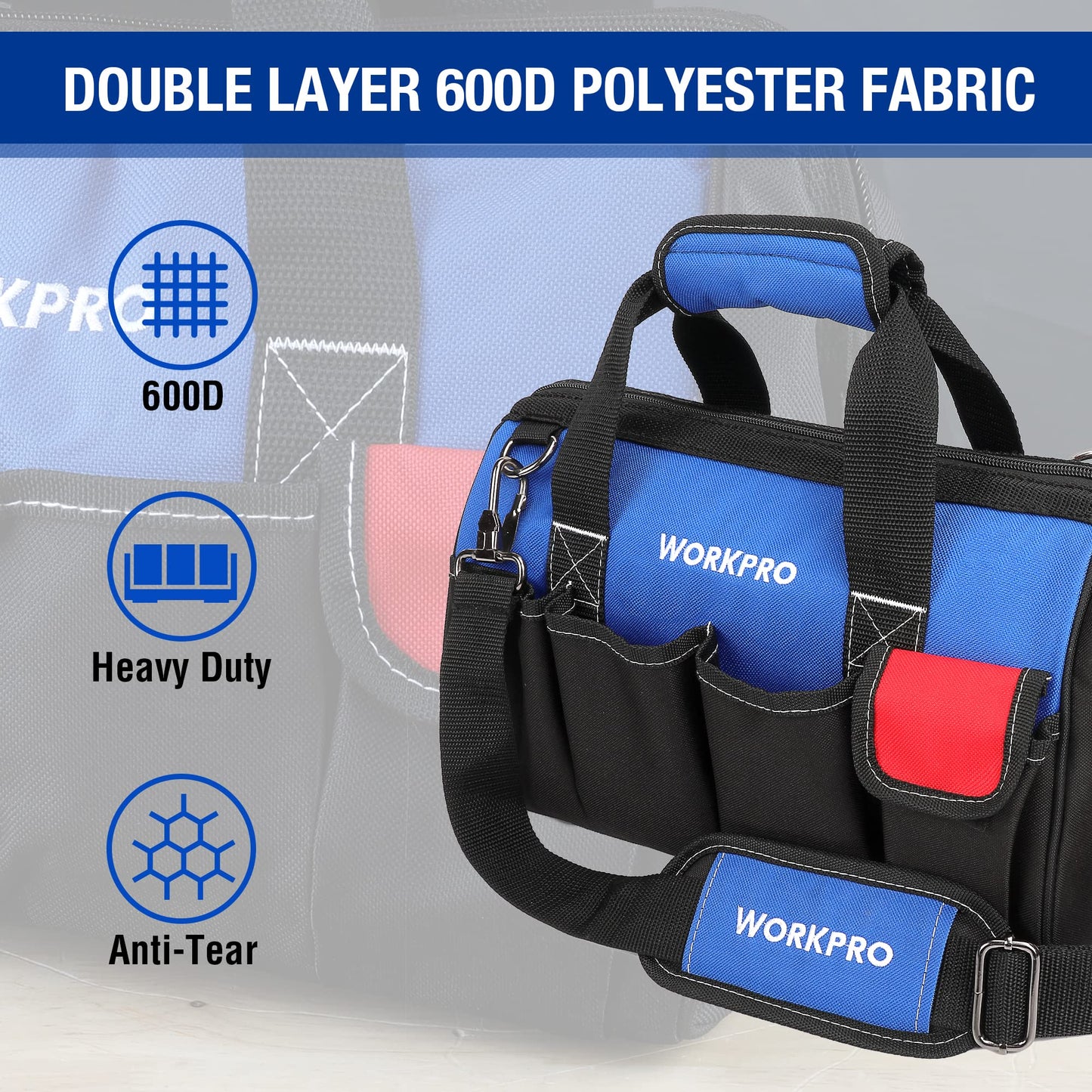 WORKPRO Werkzeugtasche Elektriker, Wasserdichte Werkzeugtasche Profi, weite Öffnung & große Kapazität 35CM aus 600D Polyester, Schultergurt verstellbar, Multifunktion für Heimwerker Handwerker