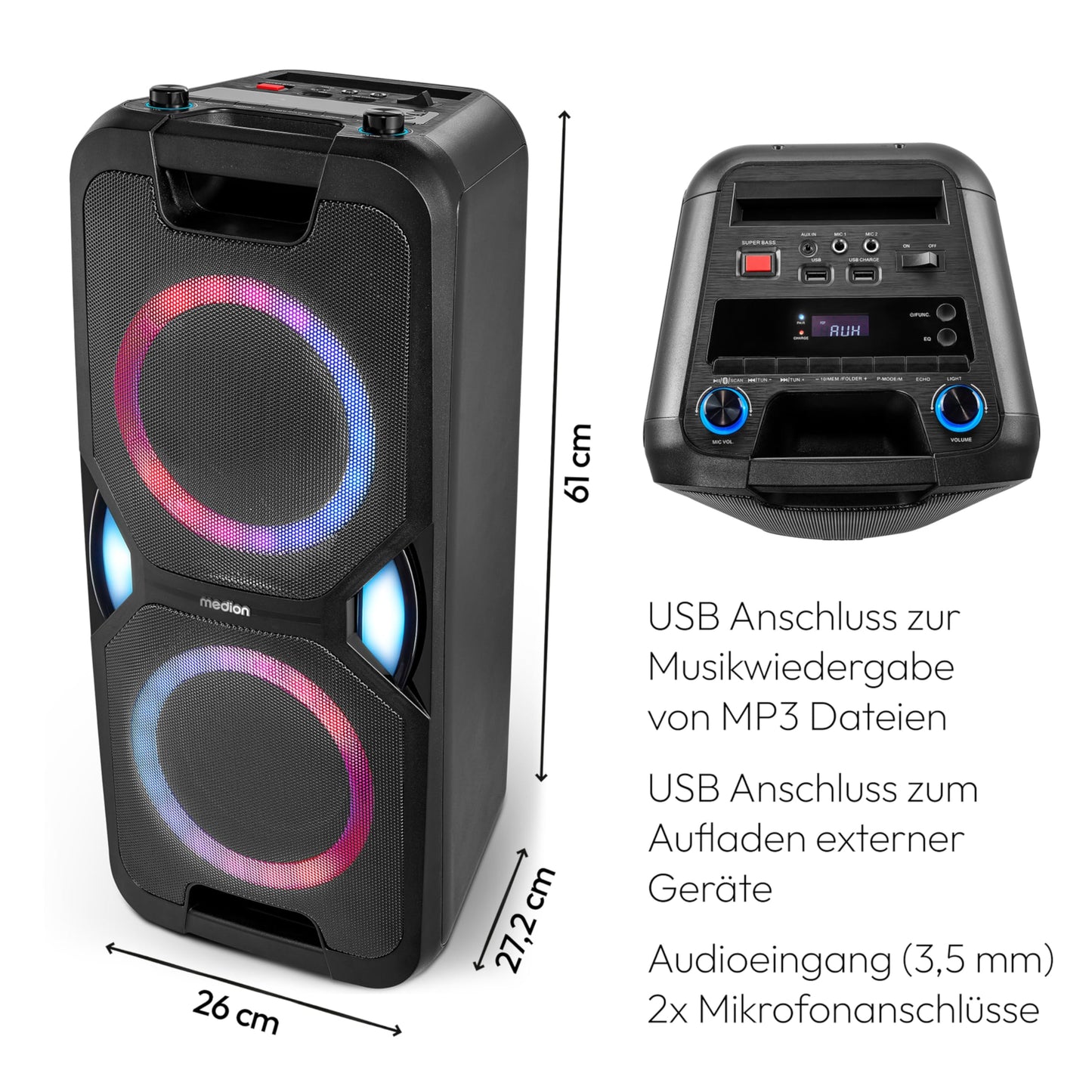 MEDION P61468 Party-Soundsystem (Partylautsprecher inkl. Mikrofon, Karaoke, Akku, UKW Radio, Bluetooth 5.0, Kompaktanlage, 2X 220 Watt, Farbige LED, USB, AUX, 2X Mikrofonanschluss)