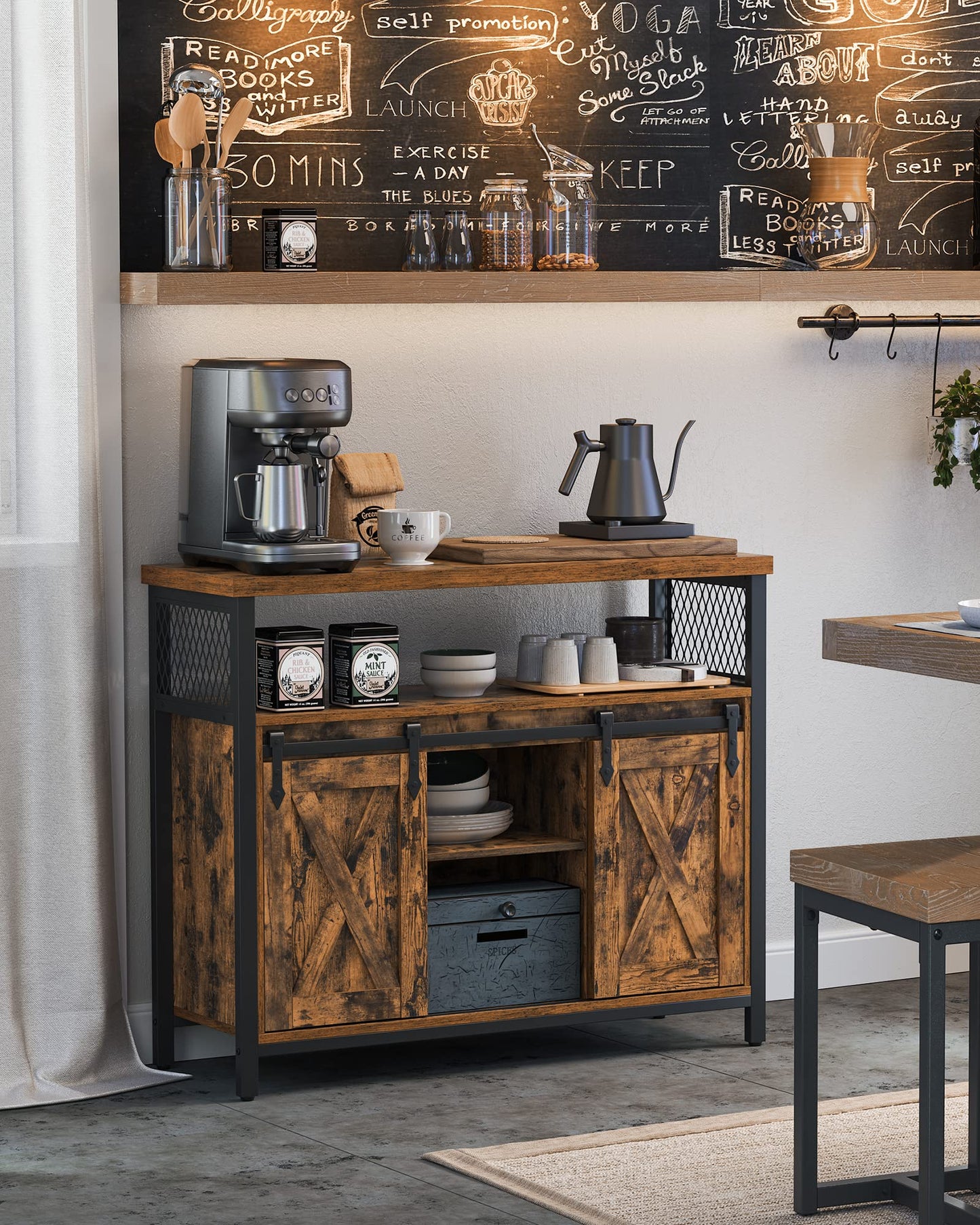 VASAGLE Sideboard, Küchenschrank, Aufbewahrungsschrank, mit 2 Schiebetüren, 33 x 100 x 80 cm, verstellbare Ablagen, Landhausstil, für Wohnzimmer, vintagebraun-schwarz LSC092B01