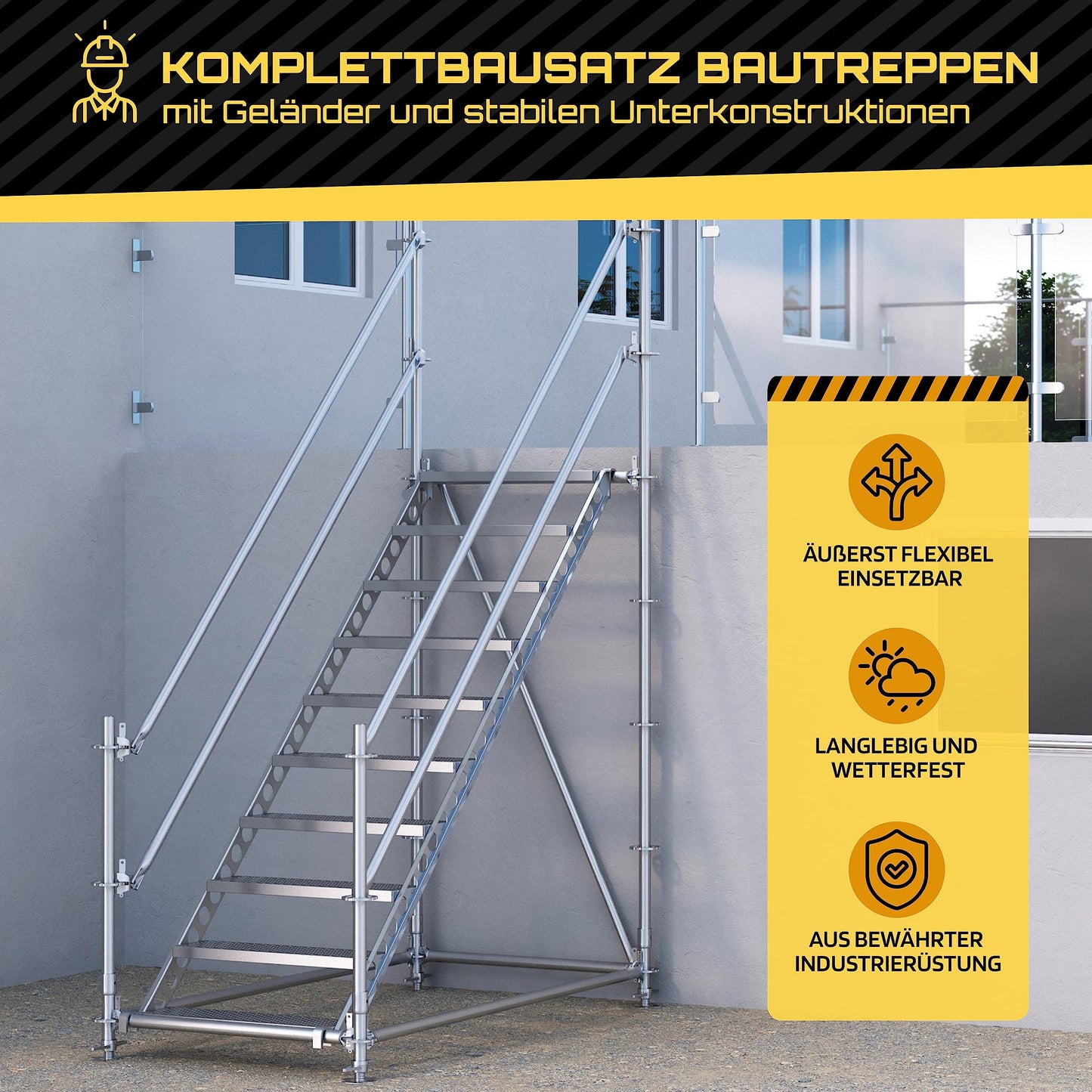 Scafom-rux Feuerverzinkte Bautreppe - [10 Stufen inkl. Geländer & Bausatz] Außentreppe - 2 Meter Höhe, 80 cm breit, Treppe außen - Stahltreppen für Gerüst & Garten - Aussentreppen Stahl