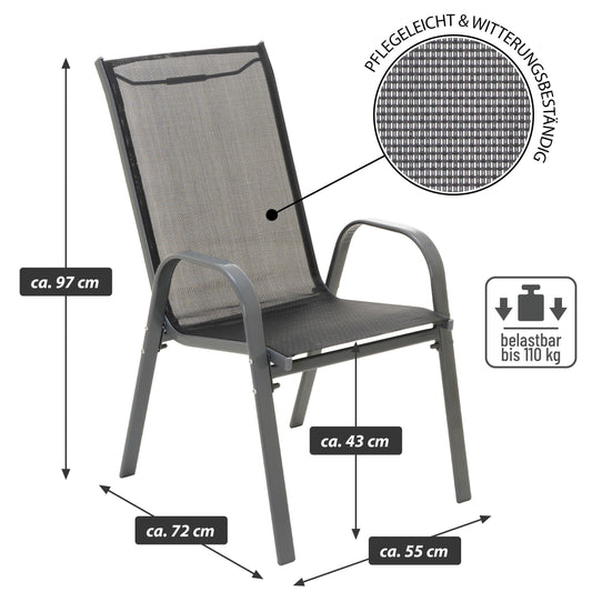 Nexos Trading 6er Set Gartenstuhl Camping Stapelstuhl Hochlehner Terrassenstuhl – Textilene Stahl stapelbar – Farbe: Rahmen anthrazit/Bespannung schwarz