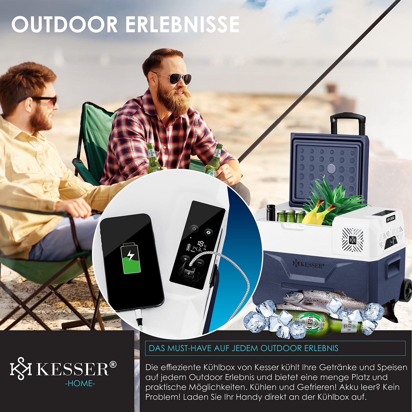 KESSER® Kompressor Kühlbox elektrisch Gefrierbox, 30 Liter Mit APP-Steuerung USB-Anschluss 12/24 V 230V, +Teleskopstange, 2x Kühlakkus Räder Kühlschrank Kühlung bis -20 °C für Auto, Lkw, Boot