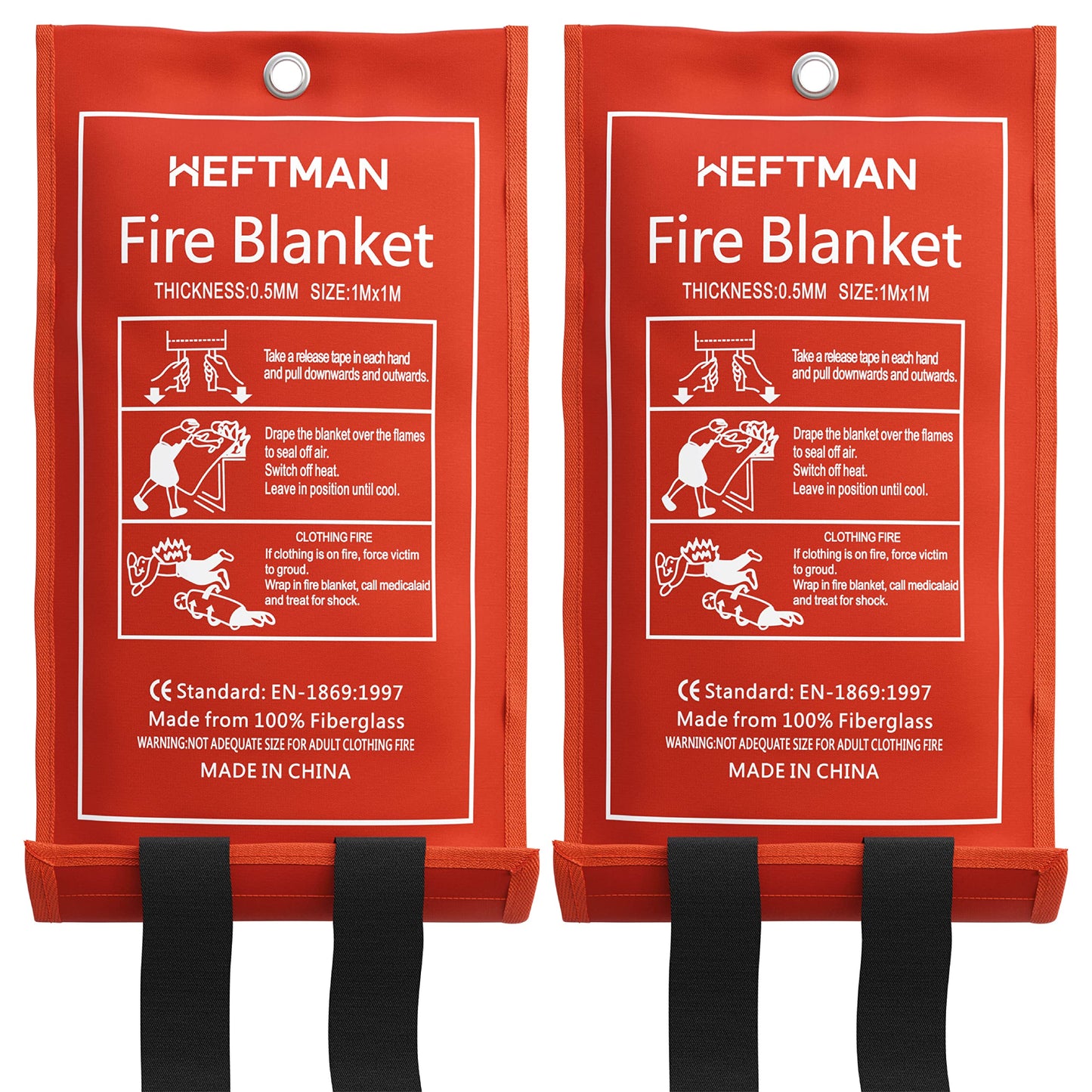 HEFTMAN Löschdecke 2er Pack - Große Glasfaser Feuerlöschdecke mit Flammhemmenden Baumwollgriffen in Rotem Etui - Feuerdecke für Küche, Zuhause, Wohnwagen (1 m x 1 m) - 2 Stück