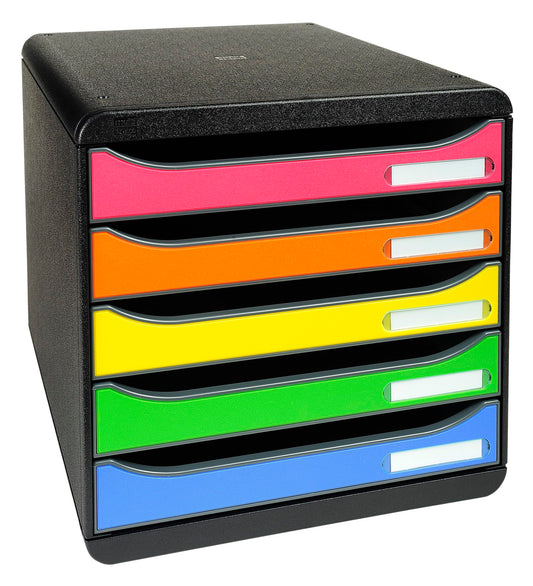 Exacompta 309798D Premium Ablagebox mit 5 Schubladen für DIN A4+ Dokumente. Stapelbare Schubladenbox mit hoher Kapazität für mehr Platz auf dem Schreibtisch Big Box Iderama Schwarz|Bunt