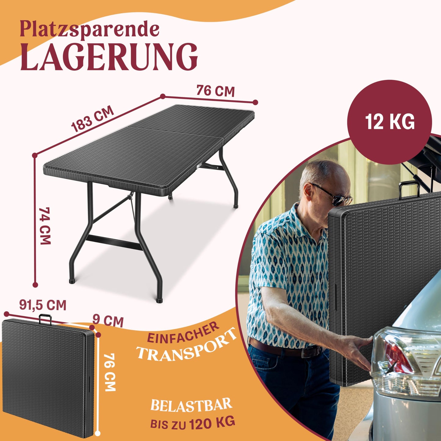 KESSER® Buffettisch Tisch klappbar Kunststoff 183x76 cm Rattan Optik Campingtisch Partytisch Klapptisch Gartentisch für Garten Terrasse und Balkon zusammenklappbar 6 Personen ink. Tragegriff Anthrazit