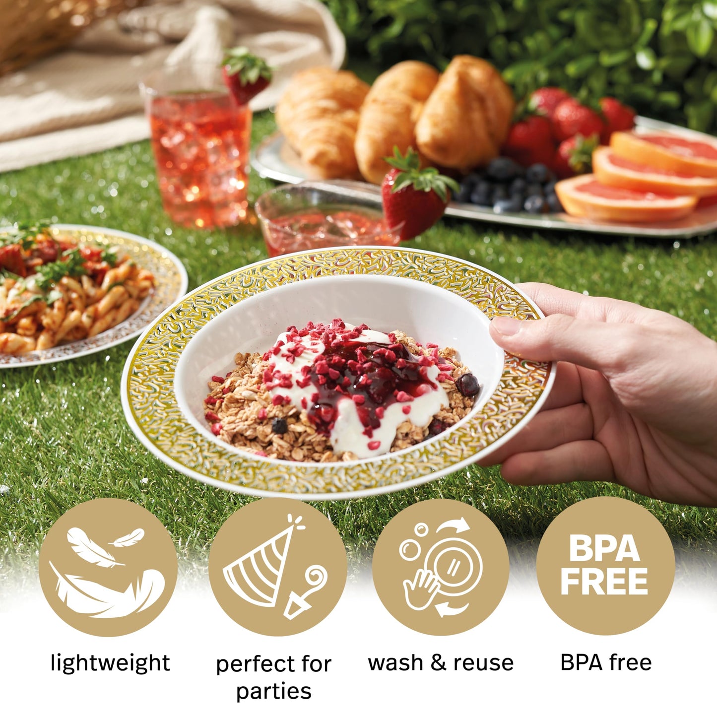 MATANA 20 Weiße Plastikschalen mit Goldrand, Suppenteller, Suppenschalen (360ml) - Suppenschüssel für Hochzeiten, Geburtstage, Taufen, Weihnachten, Partys - Mehrweg & Stabil