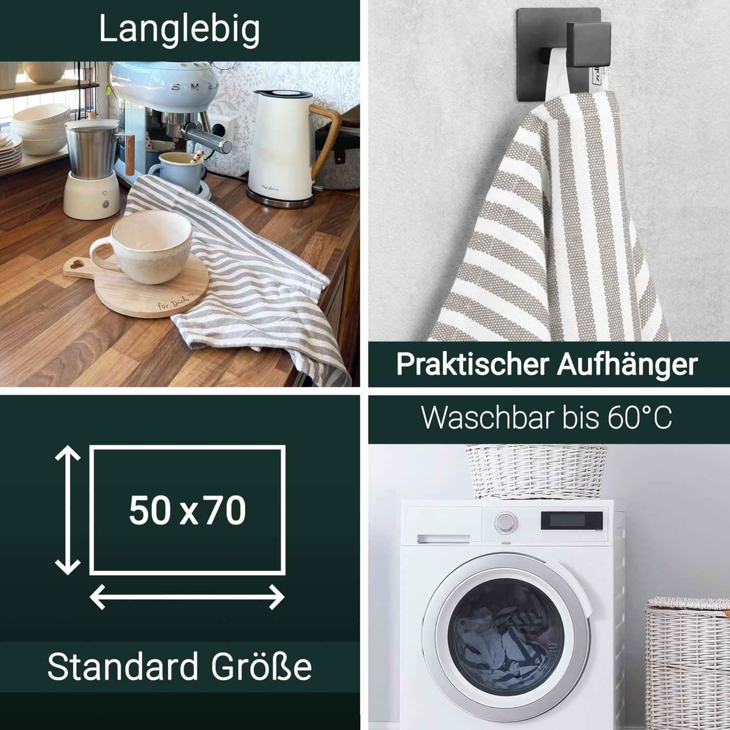 ZOLLNER 5er Set Geschirrtücher Baumwolle in 50x70 cm - saugstarke und langlebige Küchentücher - waschbar bis 60°C – in grau gestreift- Gastronomiequalität - Oeko Tex® Zertifiziert