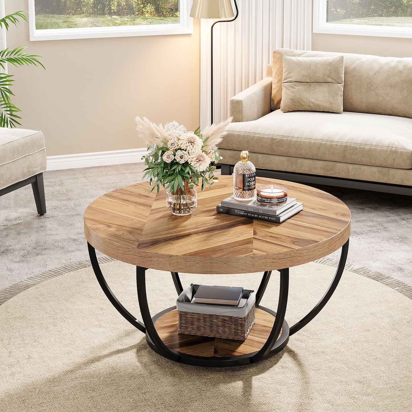 Tribesigns Runde Couchtisch, Industrial 2-Tier-Kreis Couchtisch mit Lagerung Regale, Moderne hölzerne Akzent Mitte Tisch Sofa Beistelltisch für Wohnzimmer, Home Office