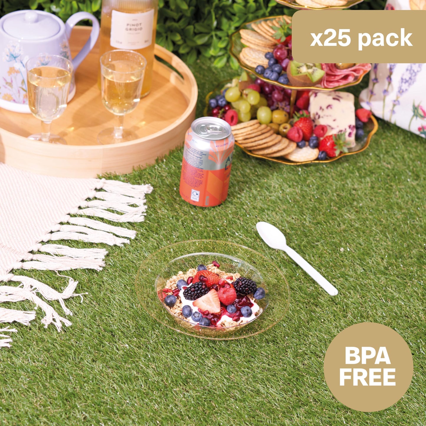 MATANA 25 Klare Plastikschalen mit Goldglitzer, Suppenteller, Suppenschalen (360ml) - Suppenschüssel für Hochzeiten, Geburtstage, Taufen, Weihnachten, Partys - Mehrweg & Stabil