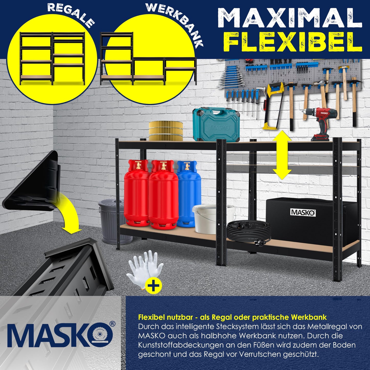 MASKO® Schwerlastregal Lagerregal Kellerregal 180x160x60cm, 1500kg belastbar, 5 verstellbare Ablagen, MDF-Platten Regal aus Metall, Steckregal, Werkstattregal Stahlgestell Garage Werkbank Schwarz