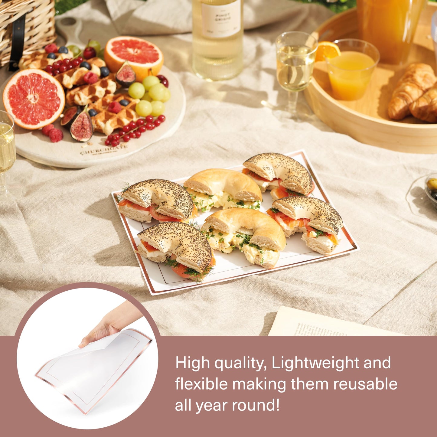 MATANA 6 Weiße Plastik Servierplatten mit Kupferrand für Vorspeisen & Fingerfood - Catering, Buffets, Geburtstage, Partys - 30x 22 cm