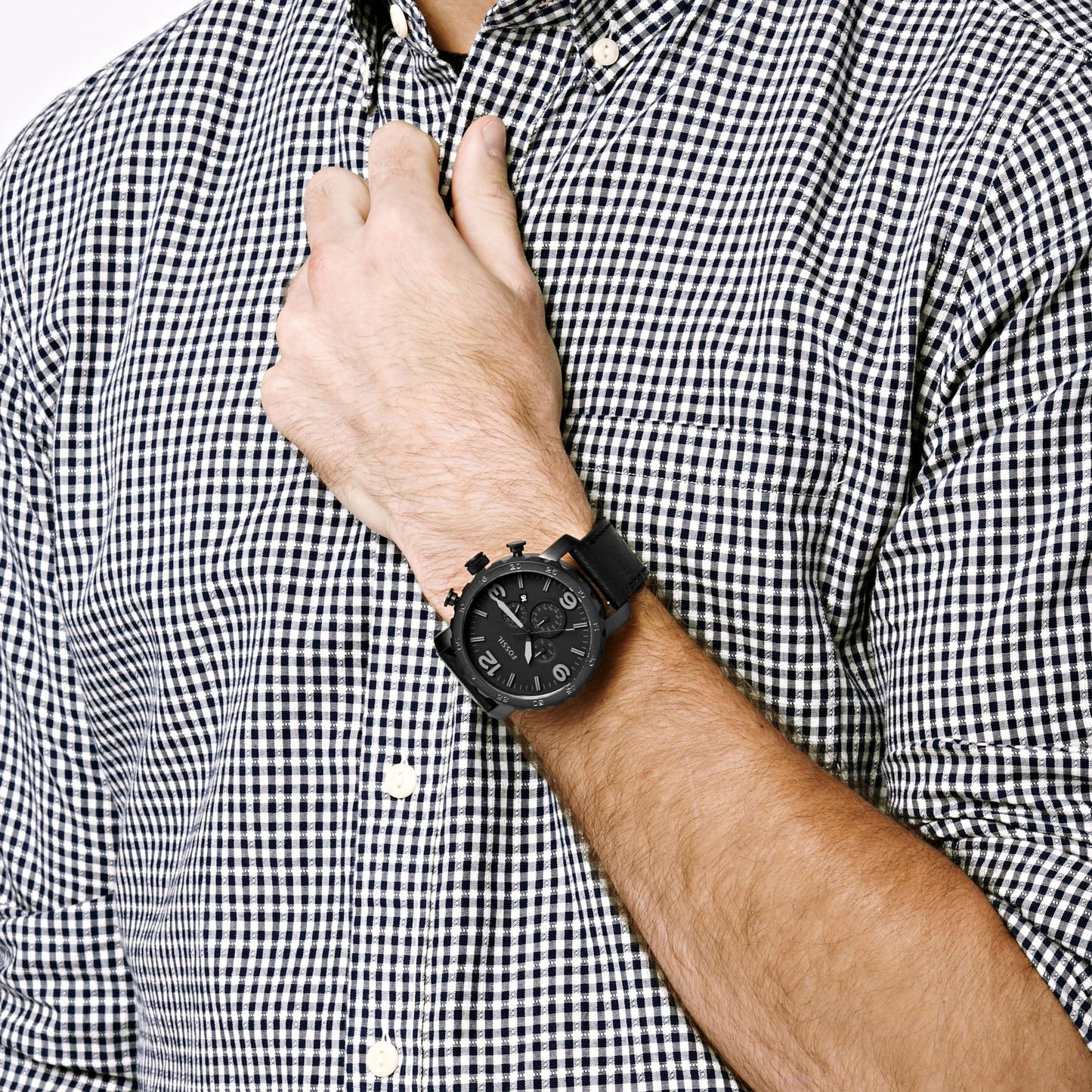 Fossil Nate uhr für Herren, Quarzwerk Chronograph mit Edelstahl- oder Lederarmband, Schwarz, 50MM