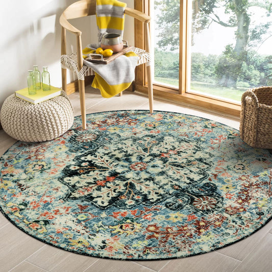 Lahome Runder Teppich mit böhmischen Blumen-Medaillon-Motiven, 122 cm, runder Teppich, weich, Badezimmermatte, türkisisch, rutschfest, maschinenwaschbar, für den Innenbereich, Küche, Couchtisch