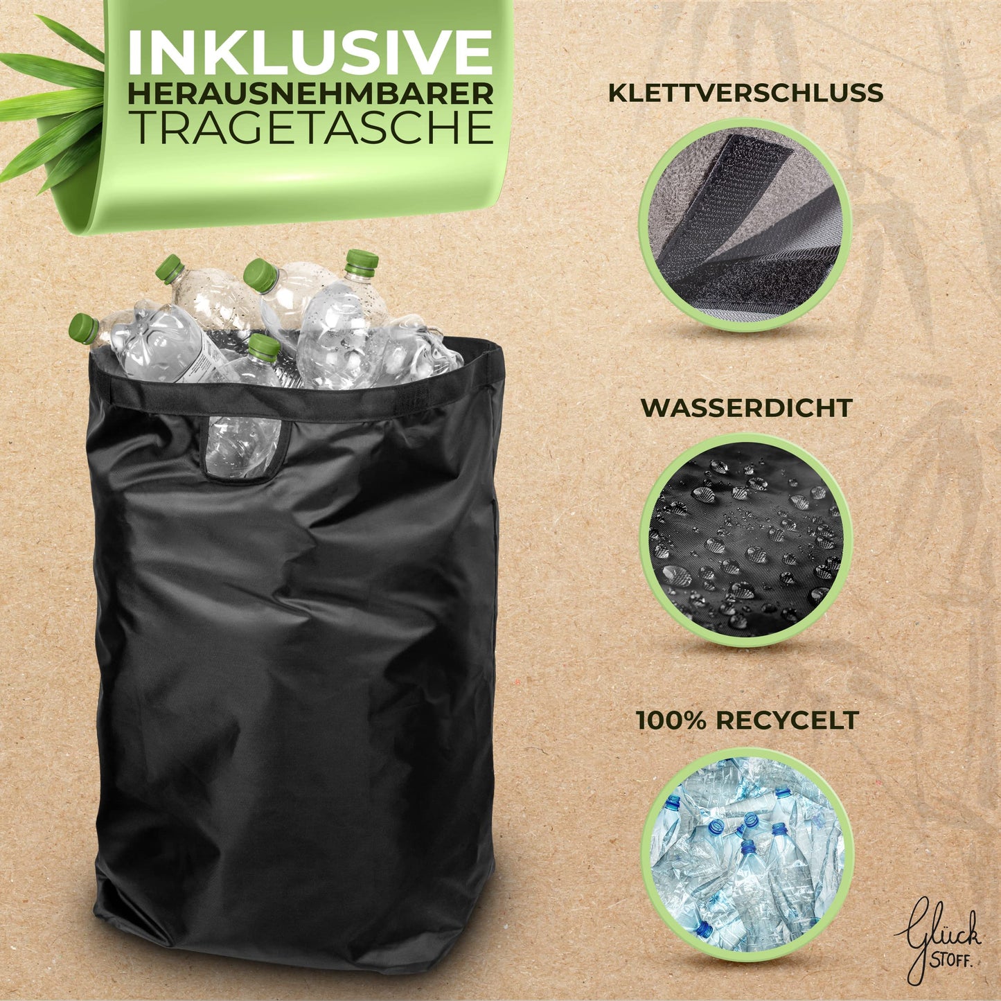 Glückstoff® Pfandflaschen Aufbewahrung [inkl. XXL Tragetasche] Sammel-Behälter Leergut Flaschenträger Pfandflaschen | Flaschensammler mit Loch Küche Flaschentasche | Schwarz
