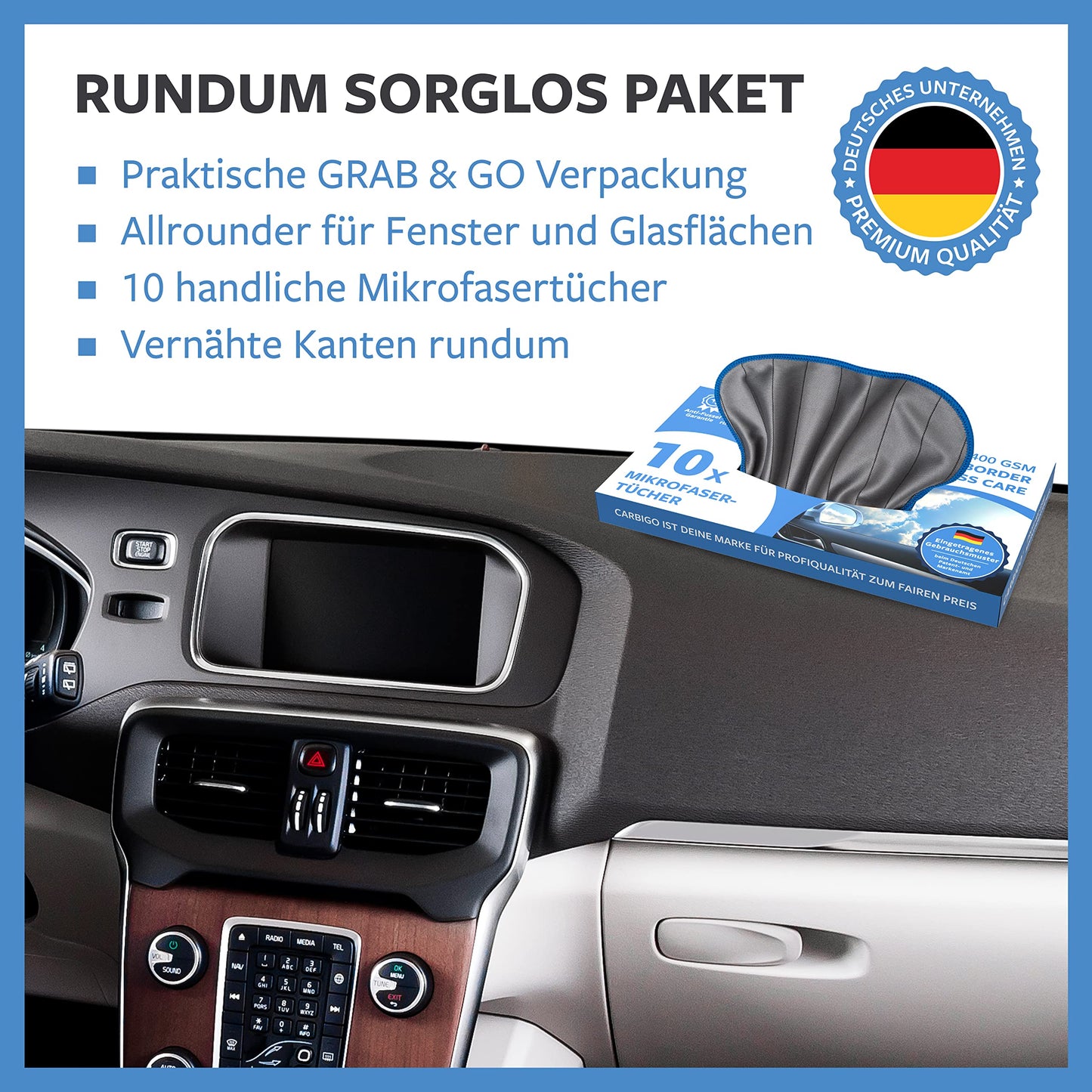 Carbigo® Box 10x Mikrofaser Glastücher – Microfasertuch Glas für streifenfreie Reinigung von Scheiben, Fenster, Gläser – Kristallklare Autoscheiben – Perfekte Microfaser Glastücher 25x25cm (400 GSM)