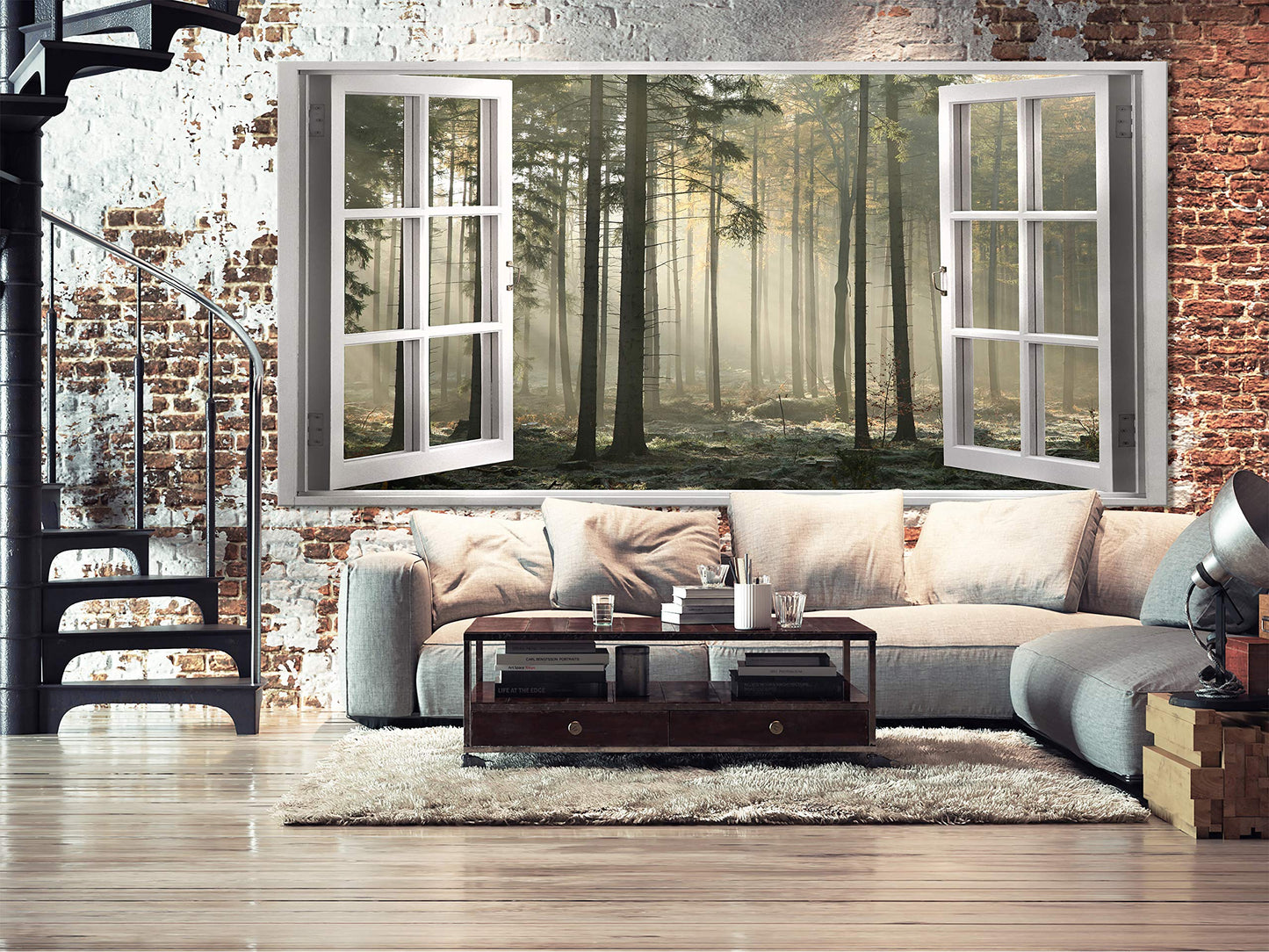 murando Wandbild Mega XXXL Fensterblick Einteiliger XXL-Format Kunstdruck zur Selbstmontage Leinwandbilder moderne Bilder DIY Wanddekoration Wohnung Deko Wald Nebel c-C-0378-ak-e