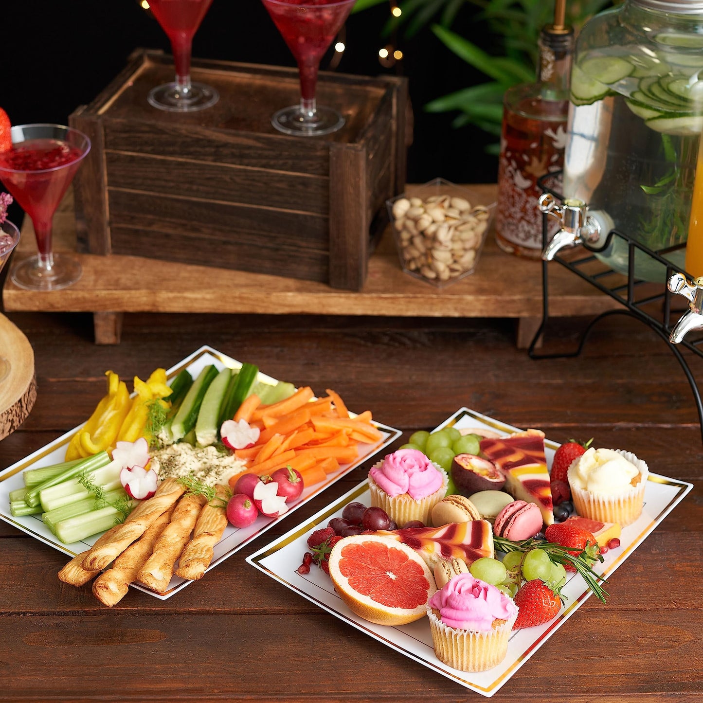 MATANA 6 Weiße Plastik Servierplatten mit Goldrand für Vorspeisen & Fingerfood - Catering, Buffets, Geburtstage, Hochzeiten & Partys - 30x 22 cm