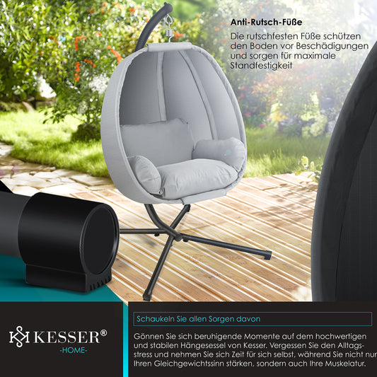 KESSER® Luxe Hängesessel mit Gestell + weicher Sitzkissen, Seitenpolsterung, Sitz- und Rückenkissen Hängekorb Indoor & Outdoor, Garten Schaukel Korb Hängestuhl Stabiler Standfuß, max. 150 kg Grau