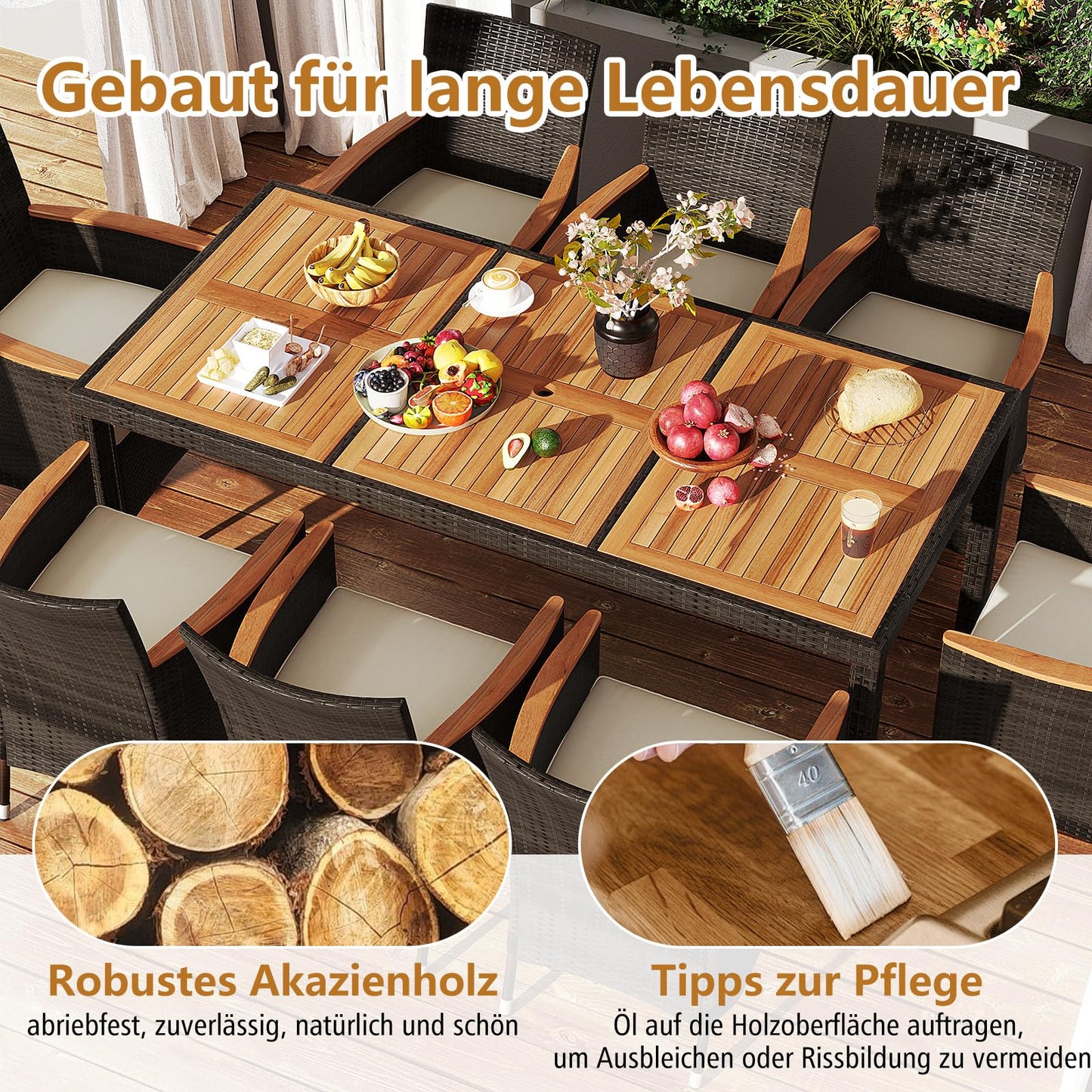 COSTWAY 9 TLG. Rattan Gartenmöbel Set, Sitzgruppe für 8 Personen, Gartentisch mit Tischplatte aus Akazienholz, 8 stapelbare Stühle & Kissen, Terrassenmöbel Set, Sitzgarnitur, Gartengarnitur, Essgruppe