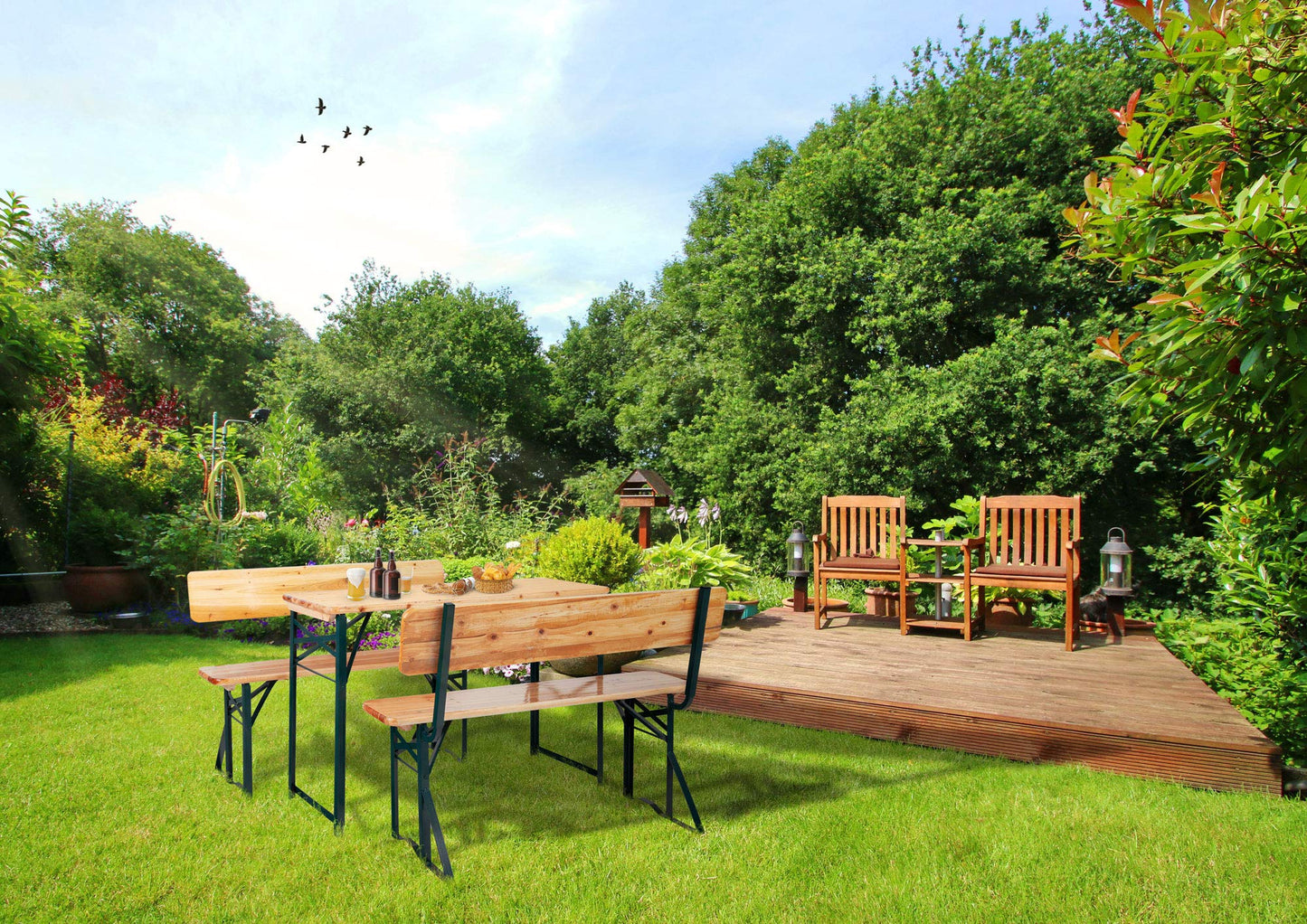 Stagecaptain BBDL-119 NT Hirschgarten Bierzeltgarnitur mit Lehne für Balkon - 119 cm Länge - Klappbare Festzeltgarnitur 1x Tisch, 2X Bank - Holz Sitzgarnitur - Innen & Außenbereich - Natur