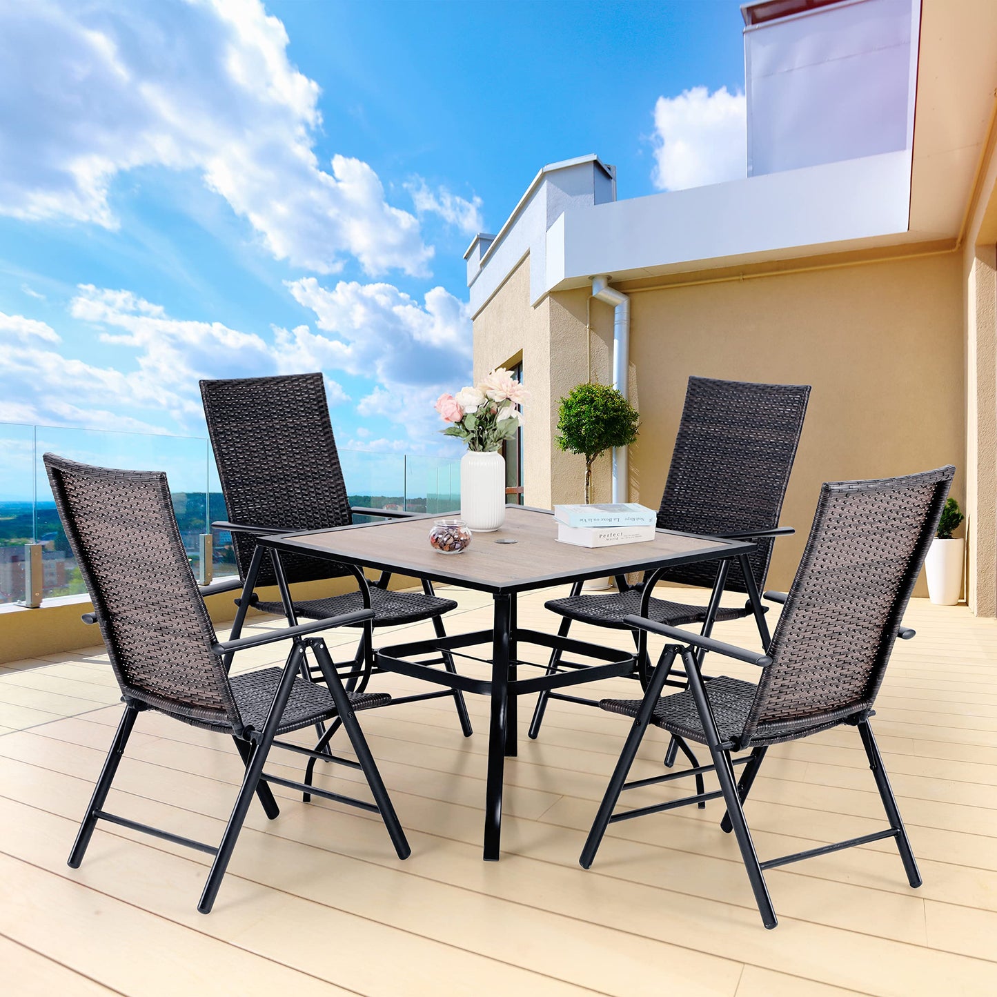 MFSTUDIO Polyrattan Gartenmöbel Set, 94cm Quadratische Tisch mit 4cm Schirmloch und 4 Rattan Klappstuhl, Balkonmöbel Set，Gartentisch mit Stühlen Set für Terrasse, Balkon, Bistro, Garten
