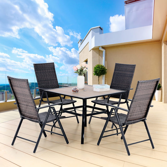 MFSTUDIO Polyrattan Gartenmöbel Set, 94cm Quadratische Tisch mit 4cm Schirmloch und 4 Rattan Klappstuhl, Balkonmöbel Set，Gartentisch mit Stühlen Set für Terrasse, Balkon, Bistro, Garten
