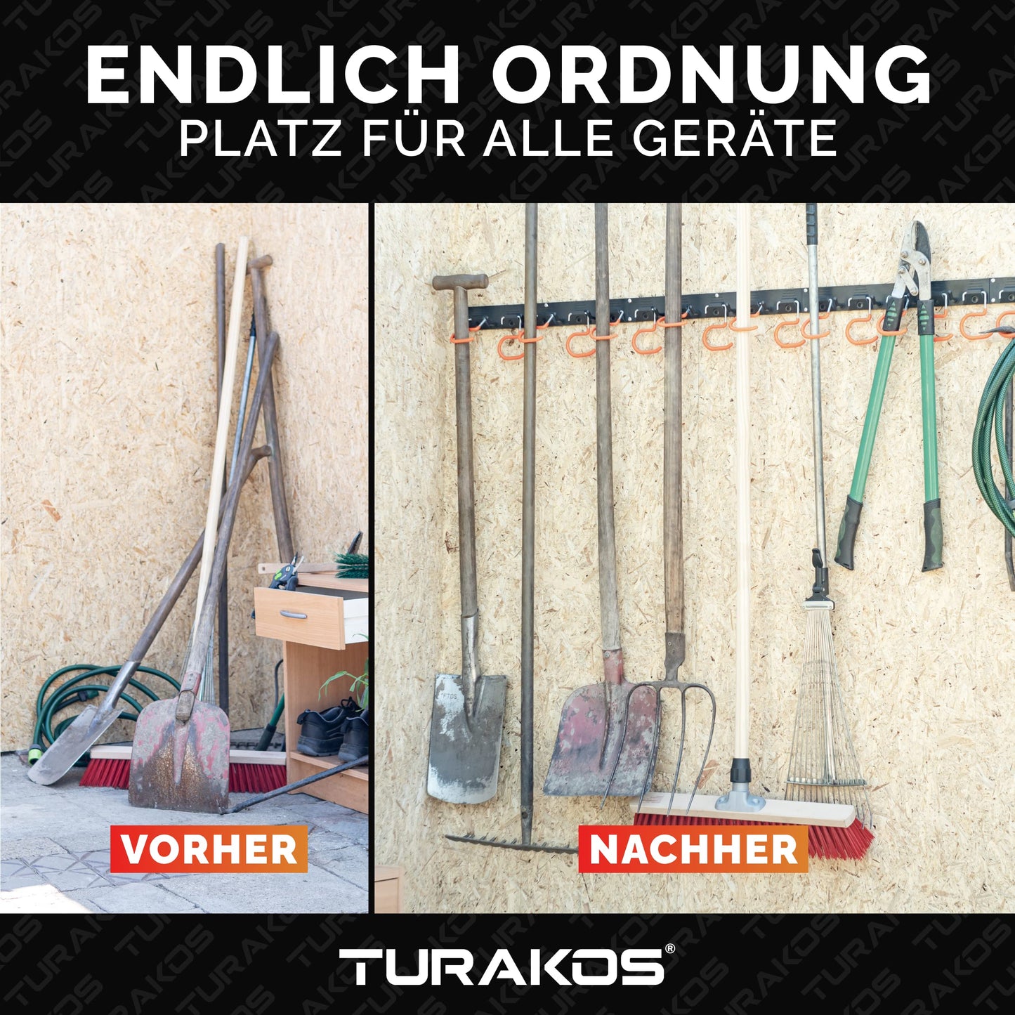 TURAKOS Gartengerätehalter - 4x 40cm Gerätehalter Wandhalterung mit Anti-Rutsch Gummierung, Gartengeräte Aufhängung für Garage, Geräteschuppen, Keller