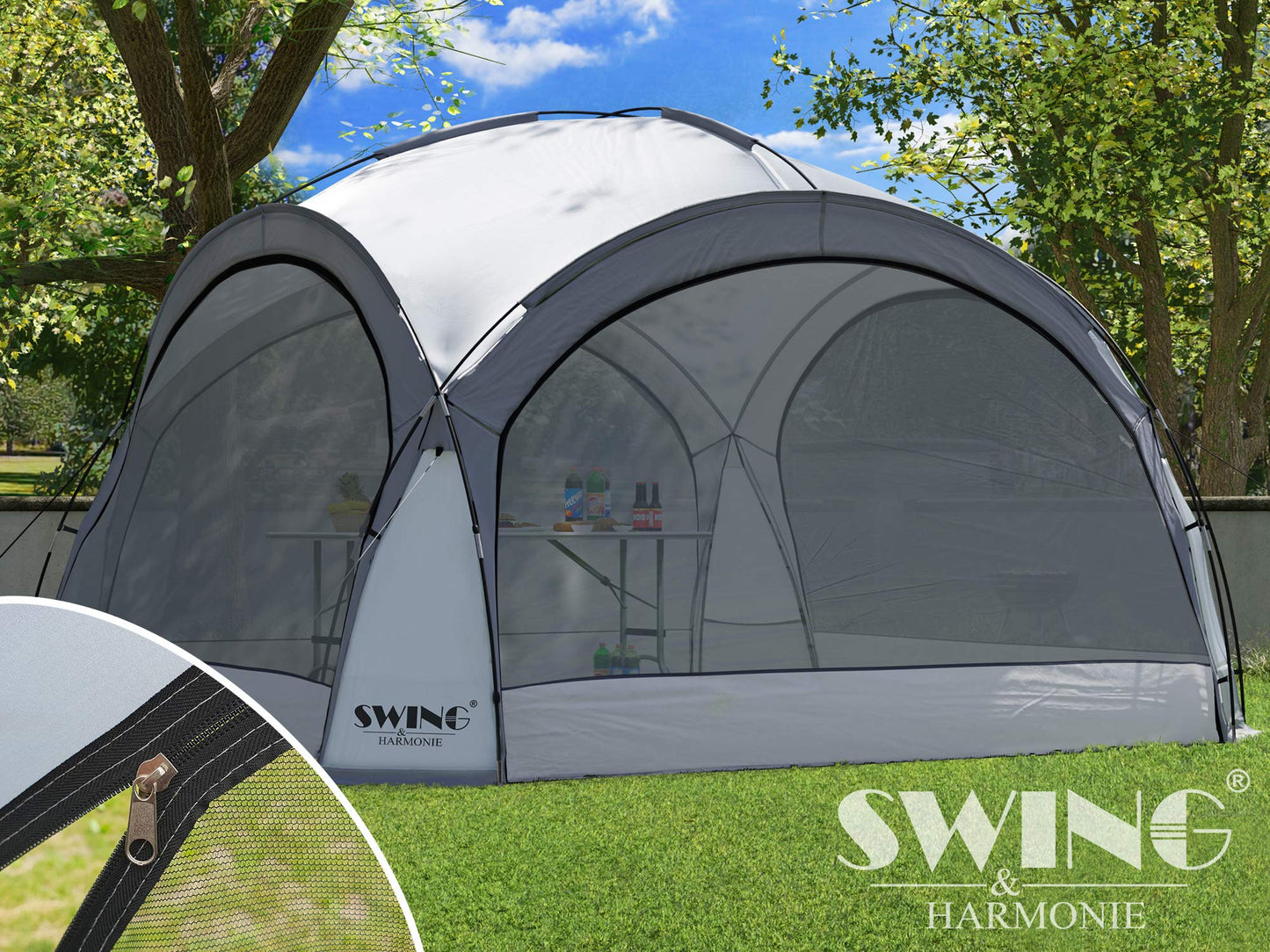 Swing & Harmonie LED Event Pavillon 3,6 x 3,6m DomeShelter Garten Pavillion inkl. Solarmodul Pavilion Designer Gartenzelt Camping Pavilon Partyzelt mit Beleuchtung (Orange)