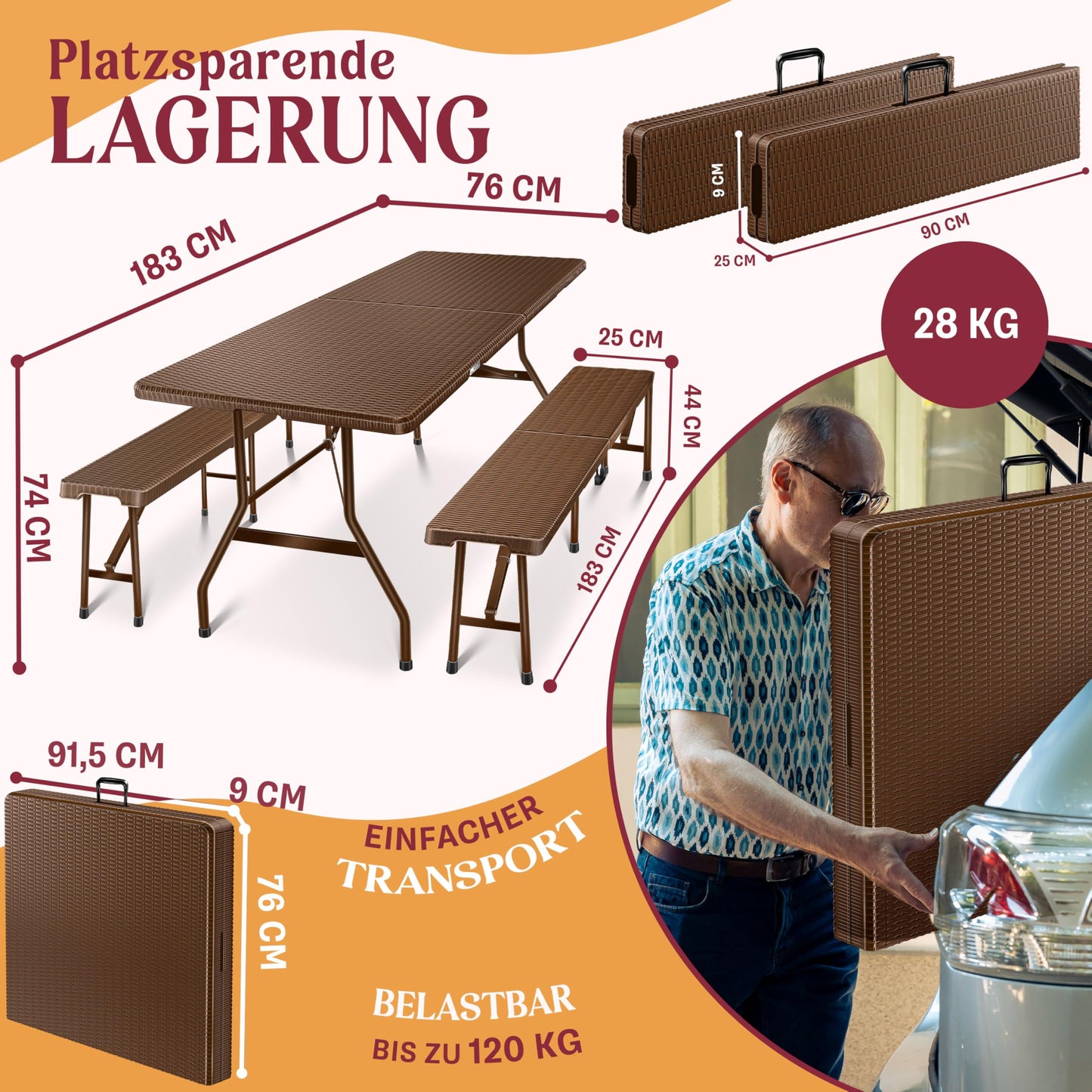 KESSER® Bierzeltgarnitur 3-teilig Set Tisch + 2X Bank, für drinnen - draußen klappbar Tragegriffe, HxBxT: 73x180x75 cm, Kunststoff, Rattan-Look Gartengarnitur, Klapptisch, Gartentisch, Braun