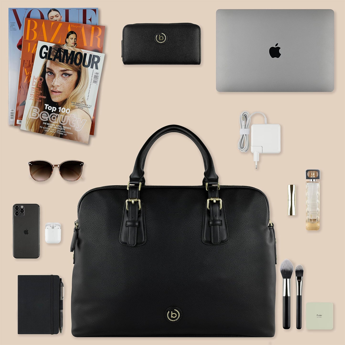 bugatti Passione Aktentasche Damen aus Kunstleder mit Laptopfach – Businesstasche Damen Laptoptasche – Bürotasche Lehrertasche in Schwarz