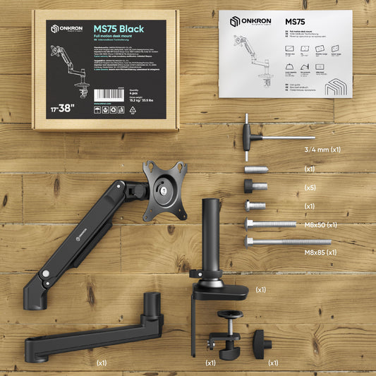 ONKRON Monitorhalterung Tisch für 17-38 Zoll Bildschirm bis 11 kg - PC Monitor Halterung höhenverstellbar 75x75 & 100x100 VESA Tischhalterung Monitor Arm schwenkbar neigbar drehbar Schwarz MS75-B