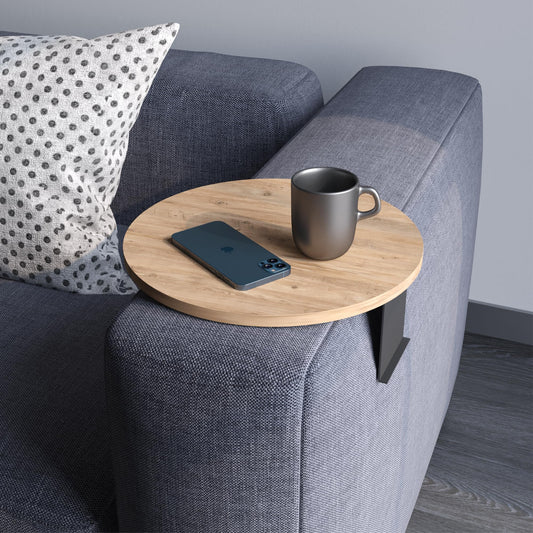 sugodesign Couch-Tablett Armlehne, Einstellbarer Sofa-Tablett, Getränkehalter, spezielles Design praktischer Metallhalterung, Sitzgarnitur Ablage, Durchmesser ⌀ 35 cm (Holz-Optik)