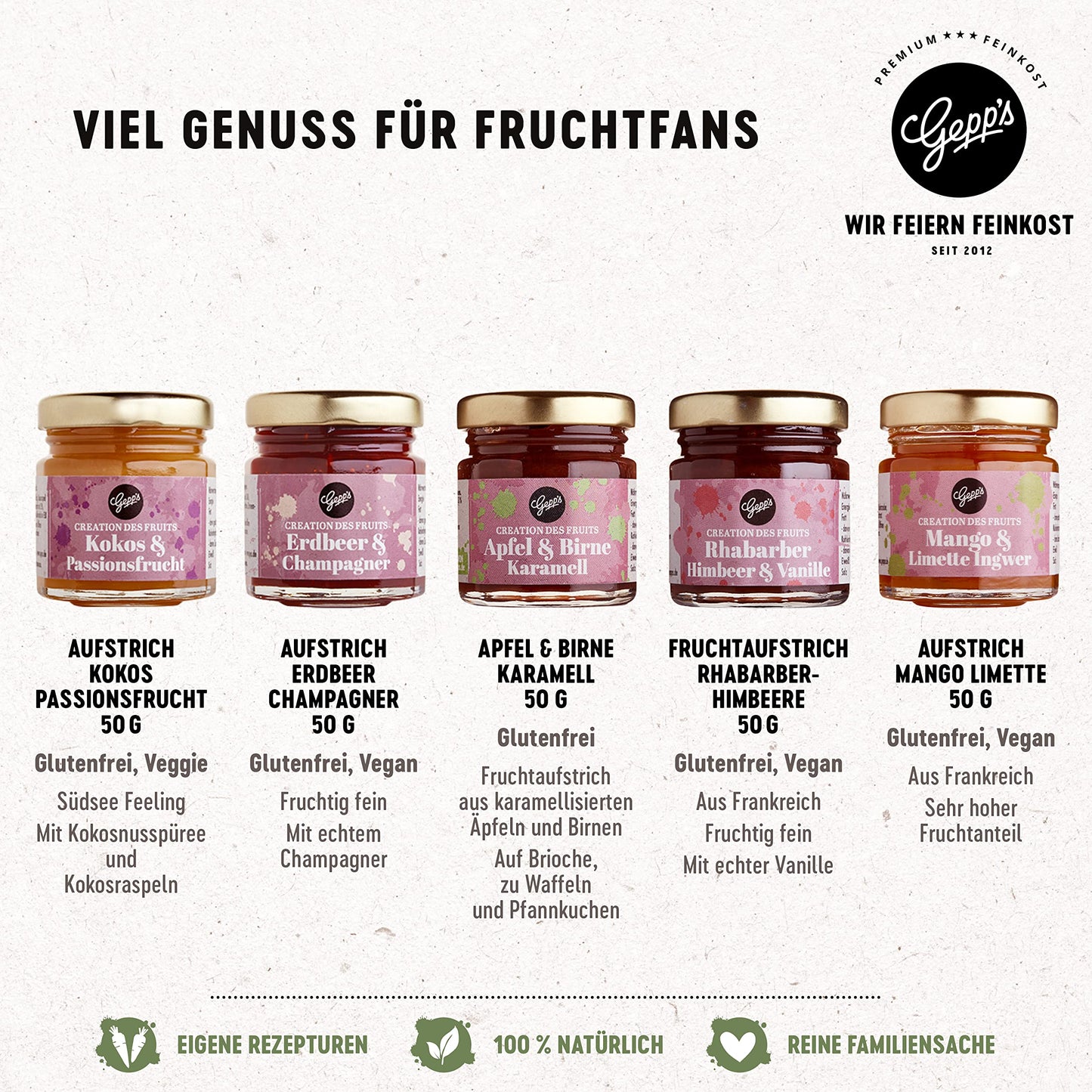 Gepp's Feinkost Frühstück Marmeladen Set I Mini Konfitüren in verschiedenen Geschmacksrichtungen I Geschenkset mit Spezialitäten wie Mango Ingwer Erdbeer & Champagner Fruchtaufstrich