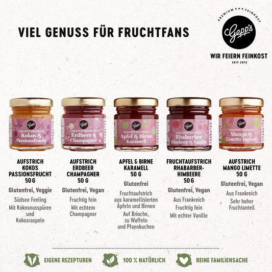 Gepp's Feinkost Frühstück Marmeladen Set I Mini Konfitüren in verschiedenen Geschmacksrichtungen I Geschenkset mit Spezialitäten wie Mango Ingwer Erdbeer & Champagner Fruchtaufstrich