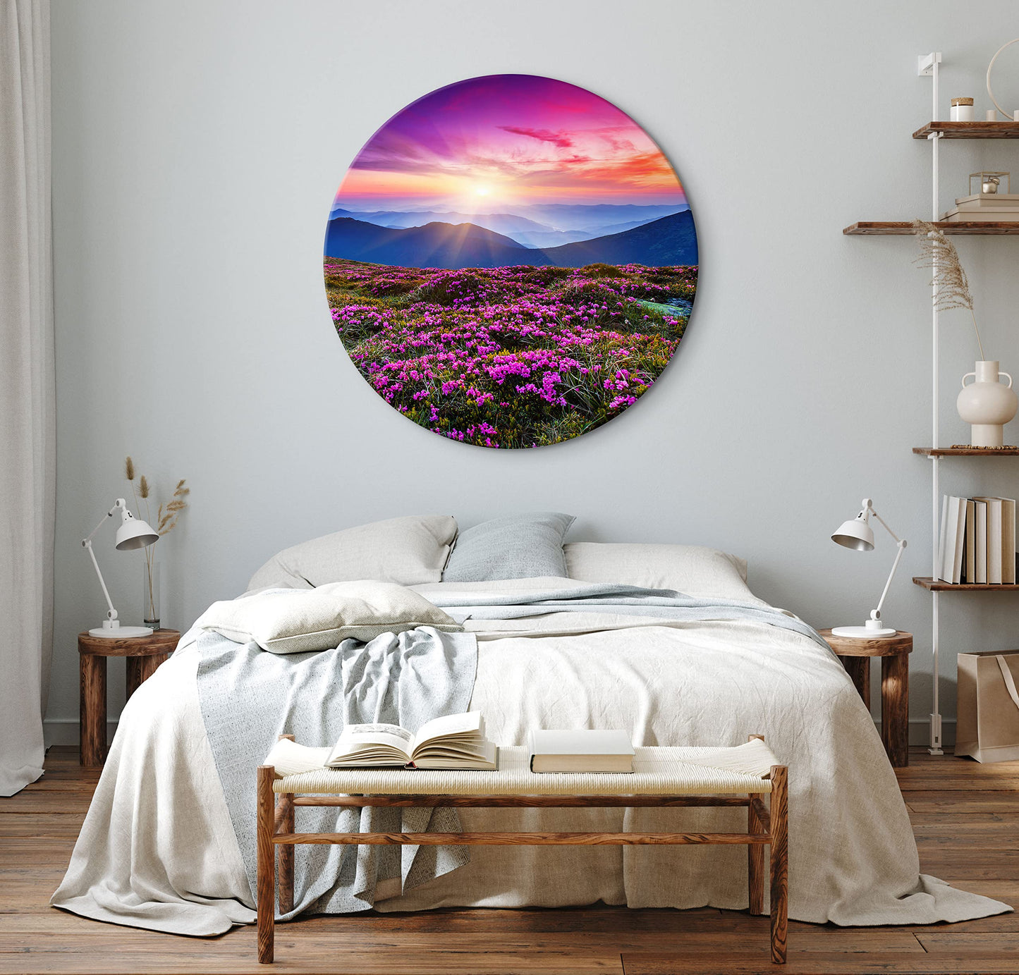 murando - runde Bilder Landschaft Fuchsia 80x80 cm Leinwandbild 1 tlg Kunstdruck modern Wandbilder XXL Wanddekoration Design Wand Bild Wiese Gebirge Natur Sonnenaufgang c-B-10005-bc-a