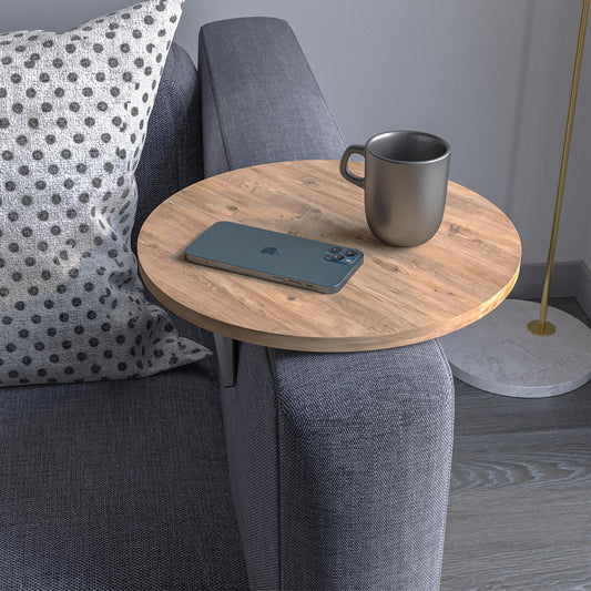 sugodesign Couch-Tablett Armlehne, Einstellbarer Sofa-Tablett, Getränkehalter, spezielles Design praktischer Metallhalterung, Sitzgarnitur Ablage, Durchmesser ⌀ 35 cm (Holz-Optik)