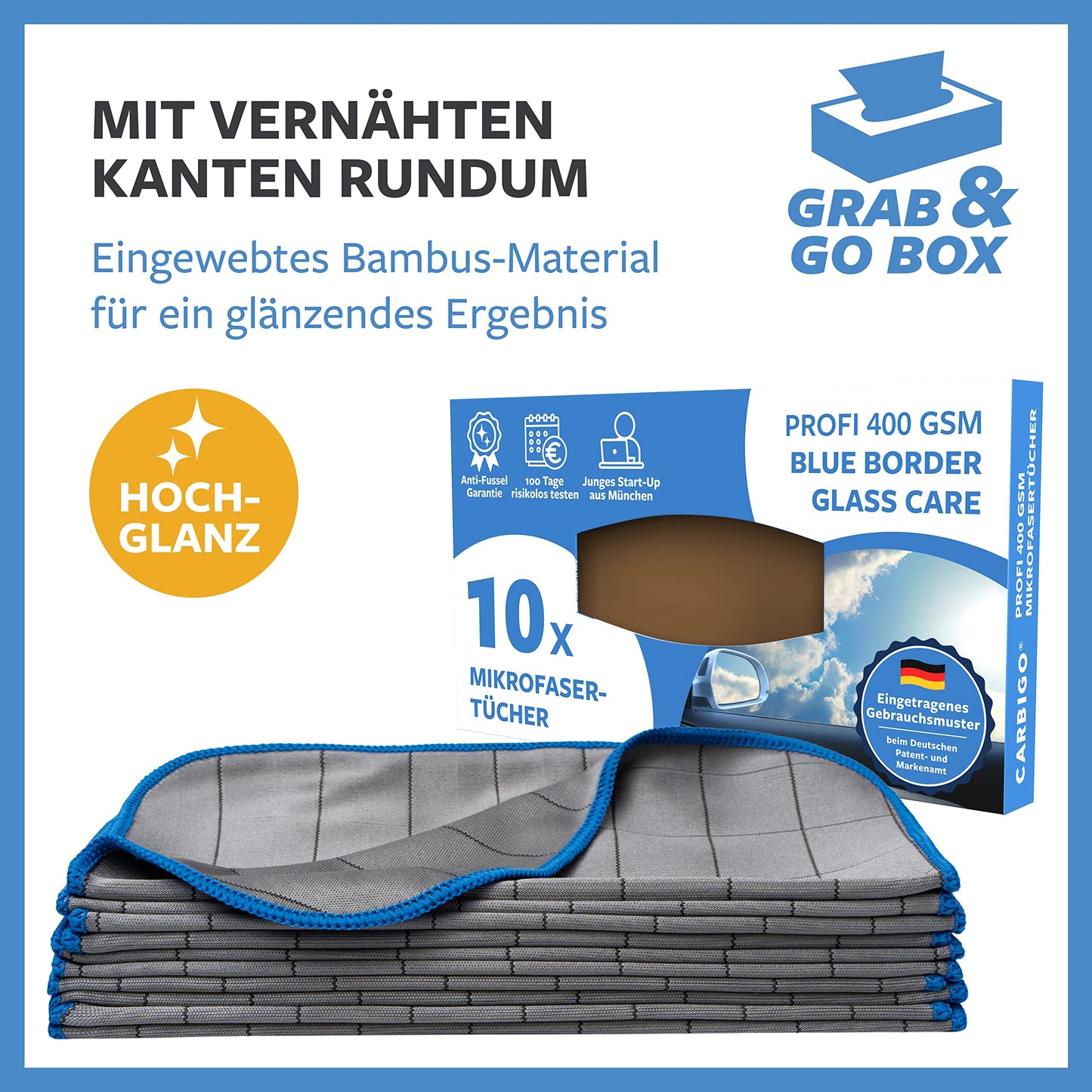 Carbigo® Box 10x Mikrofaser Glastücher – Microfasertuch Glas für streifenfreie Reinigung von Scheiben, Fenster, Gläser – Kristallklare Autoscheiben – Perfekte Microfaser Glastücher 25x25cm (400 GSM)